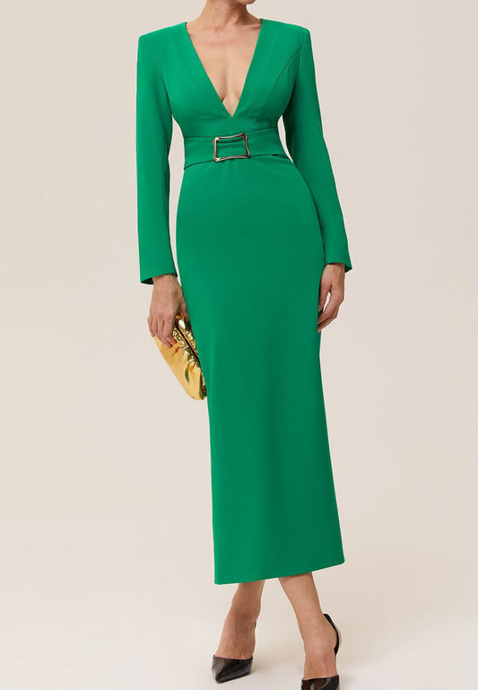 Green Deep V Neck Long Sleeve Sheath Maxi Dress