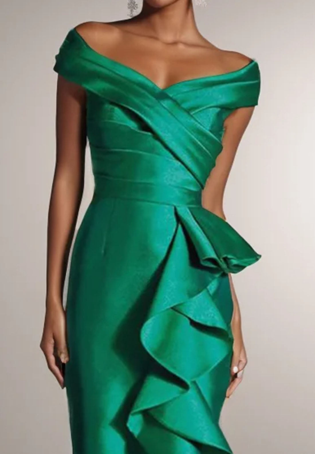 Green Ruffled Off The Shoulder Sheath Maxi Dress