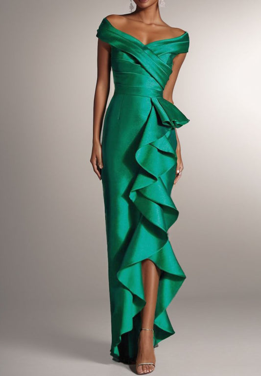 Green Ruffled Off The Shoulder Sheath Maxi Dress