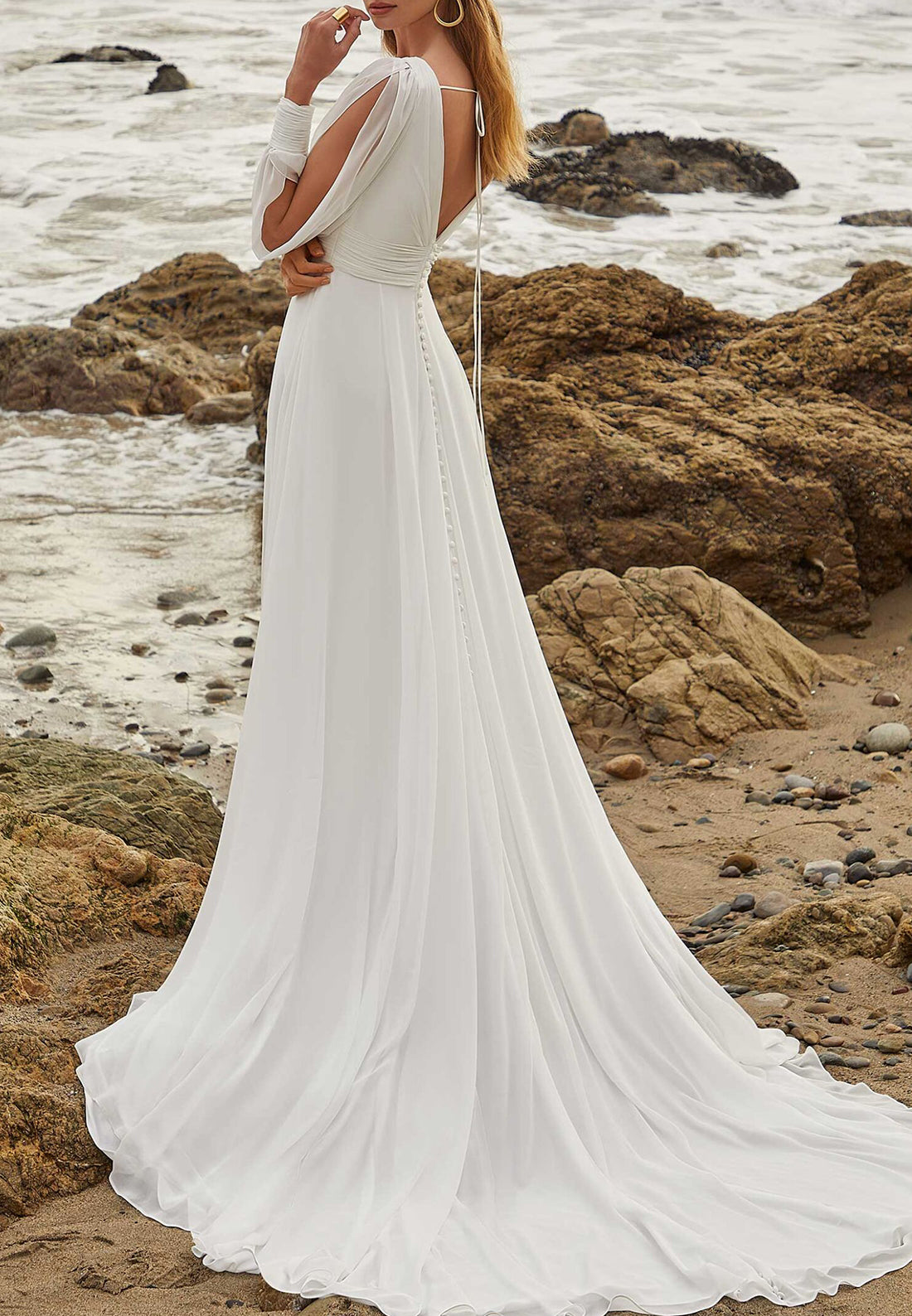 LW913 - V-Neck Long Sleeves Sleek Satin High Slit Beach Wedding Dress