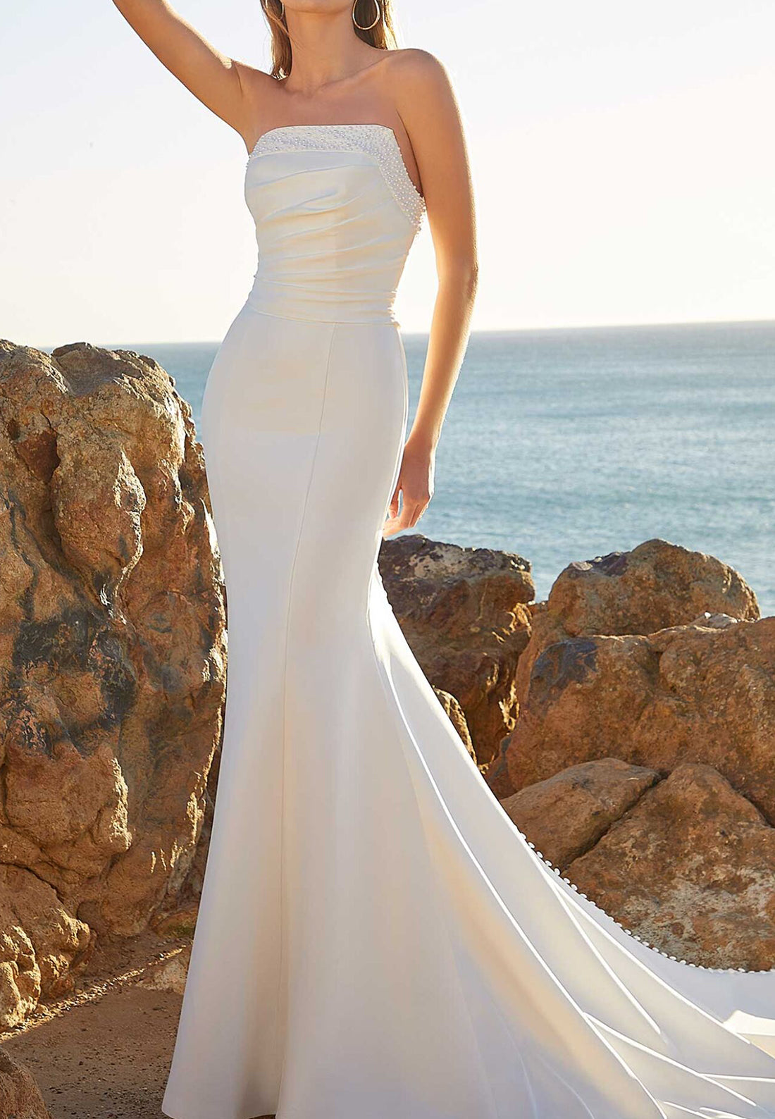 LW896 - Straight Across Pearl Beaded Pleated Sleek Satin Mermaid Beach Wedding Dress