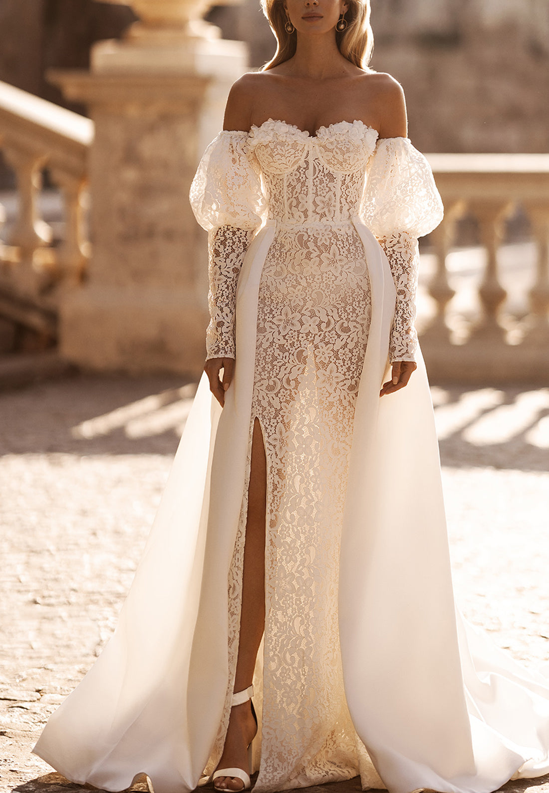 Sweetheart Long Sleeves Lace Appliques High Slit Sheath Beach Wedding Dress