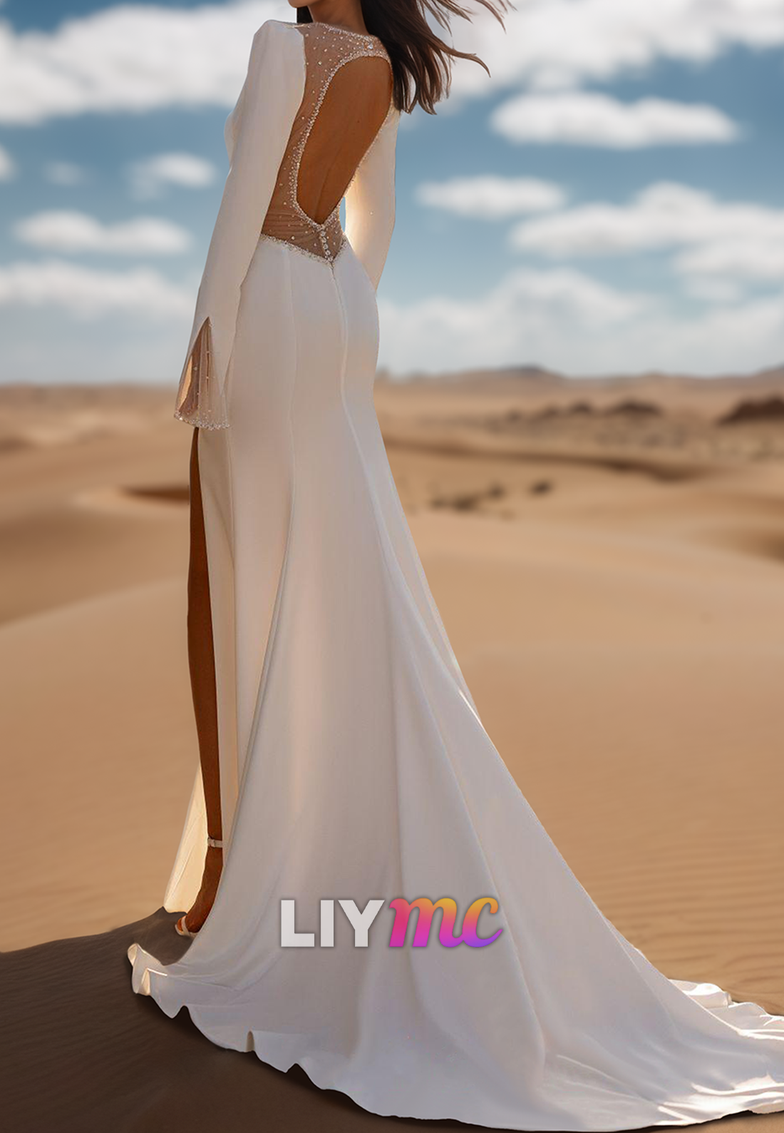 V-Neck Long Sleeves Pleated Sheath Wedding Dress