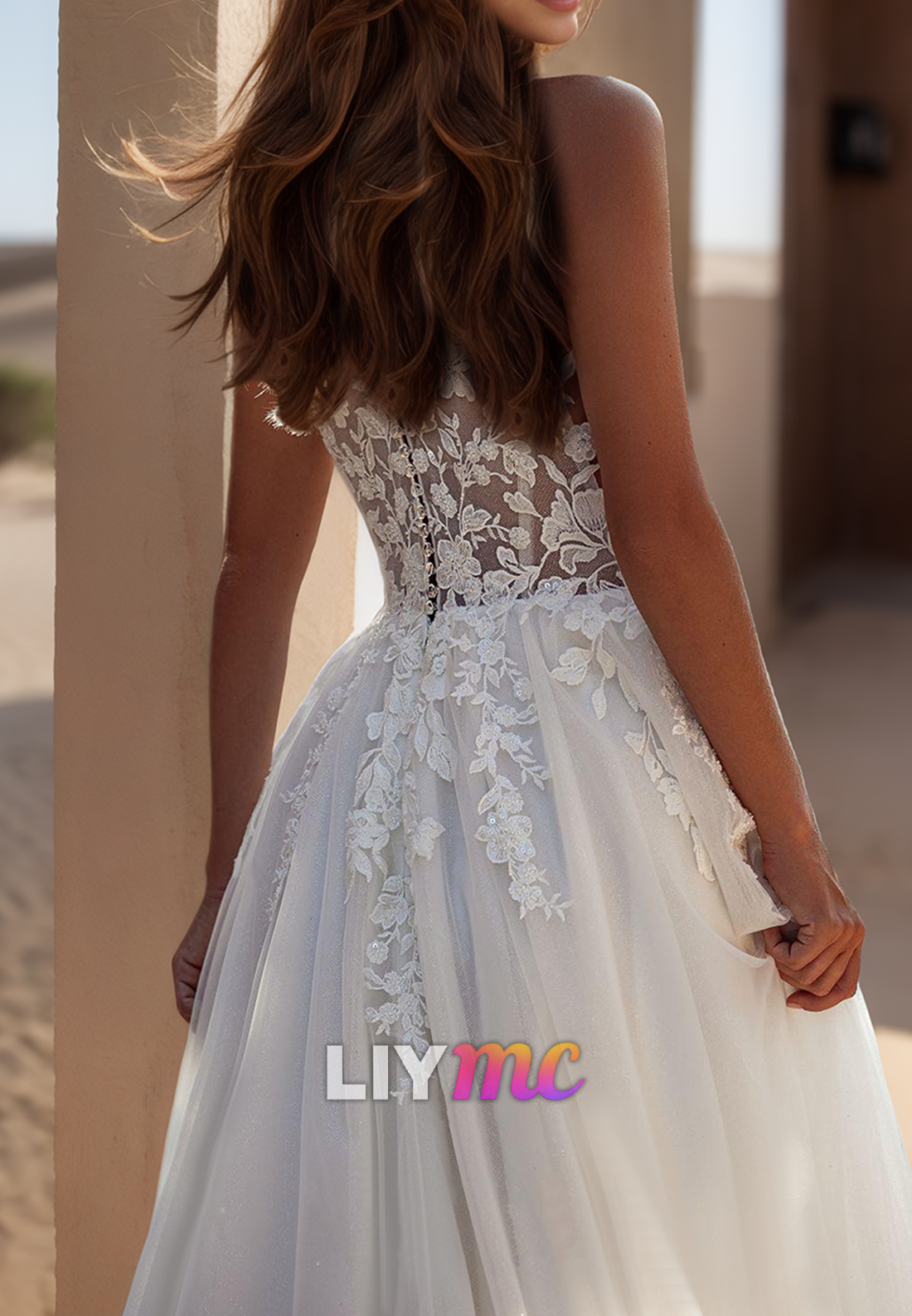 V-Neck Sleeveless Tulle Appliques A-Line Wedding Dress