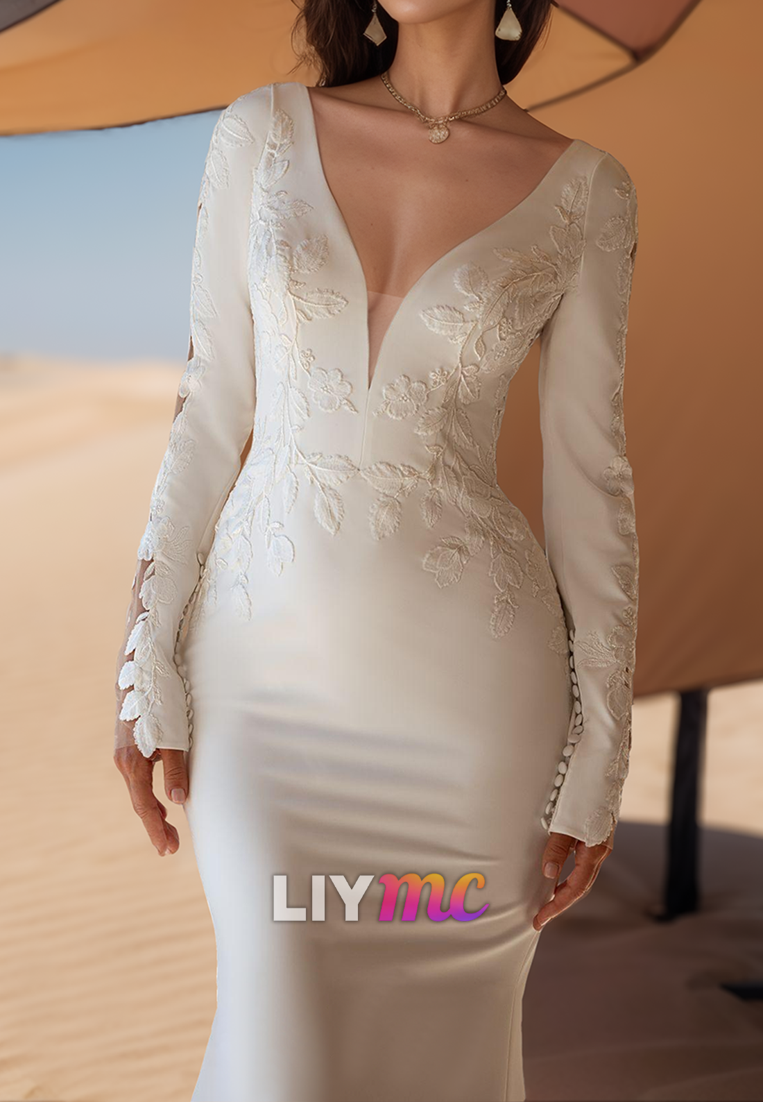 V-Neck Long Sleeves Appliques Mermaid Wedding Dress