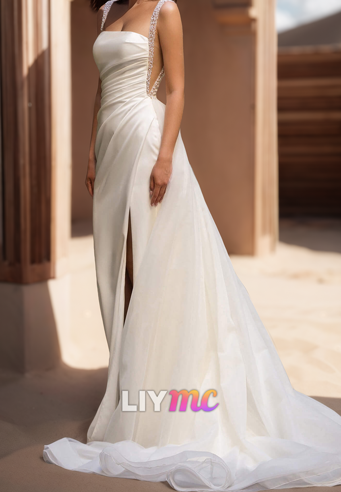 Square Straps Pleated Side Slit Satin Sheath Wedding Dress