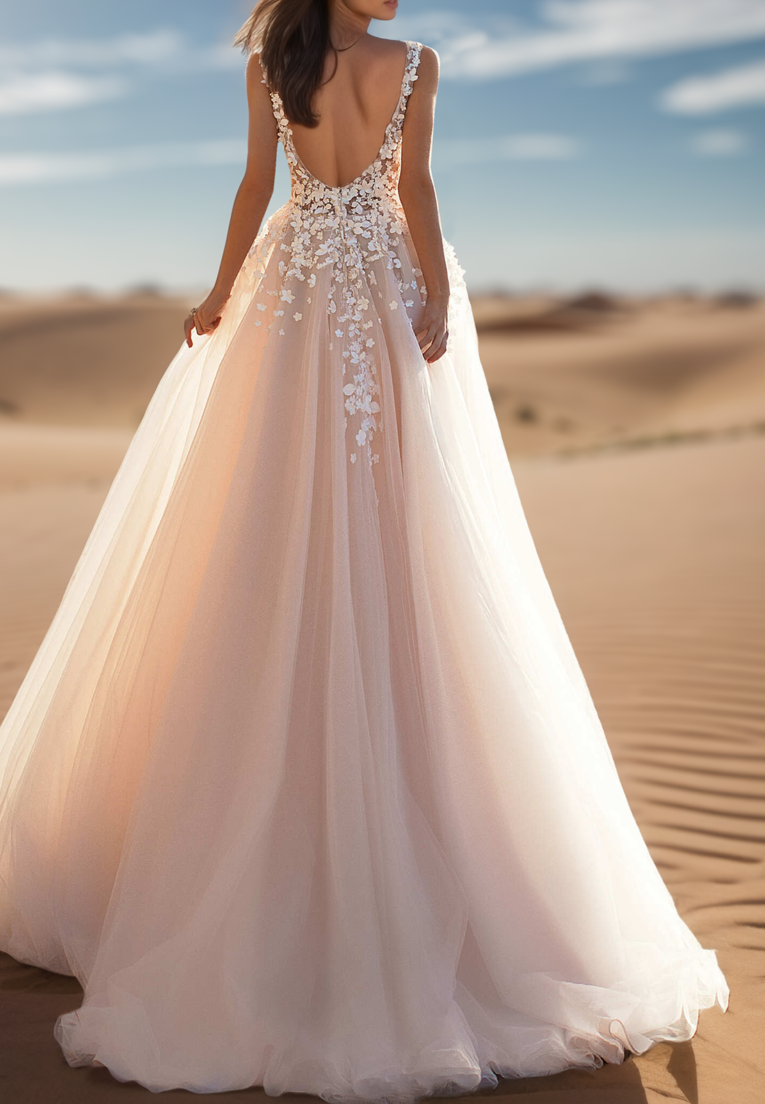 V-Neck Floral Appliques Straps Tulle A-Line Wedding Dress