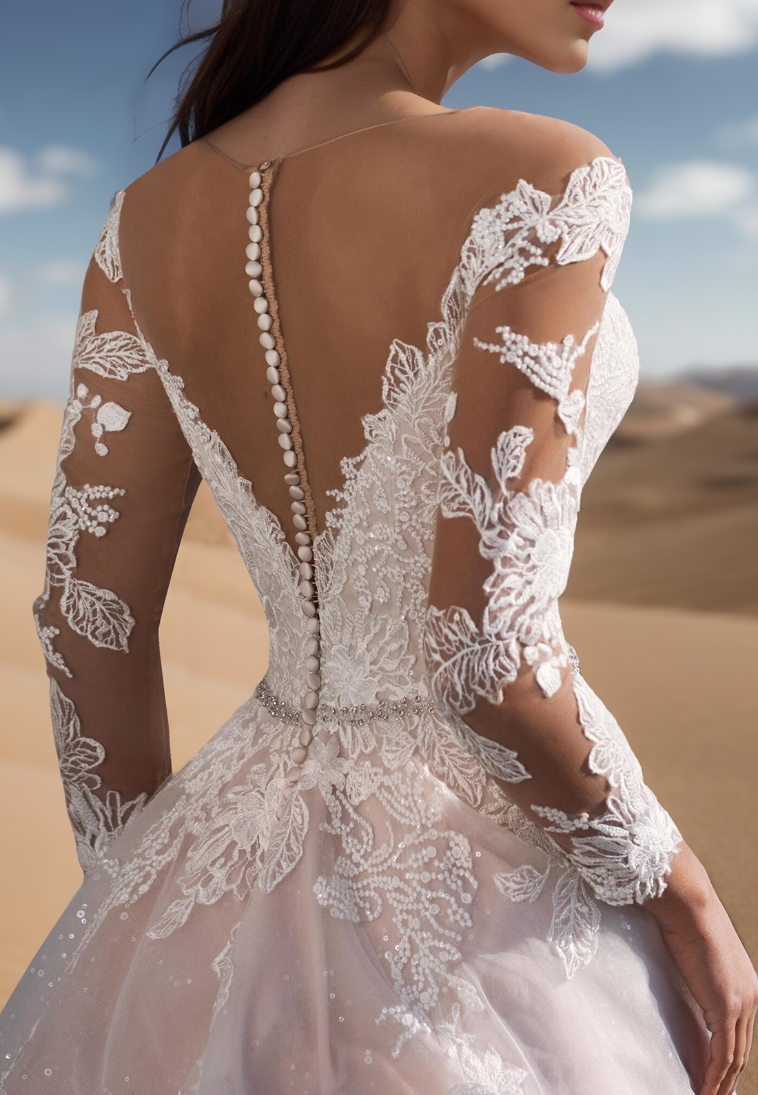 V-Neck Long Sleeves Lace Appliques Ball Gown Wedding Dress