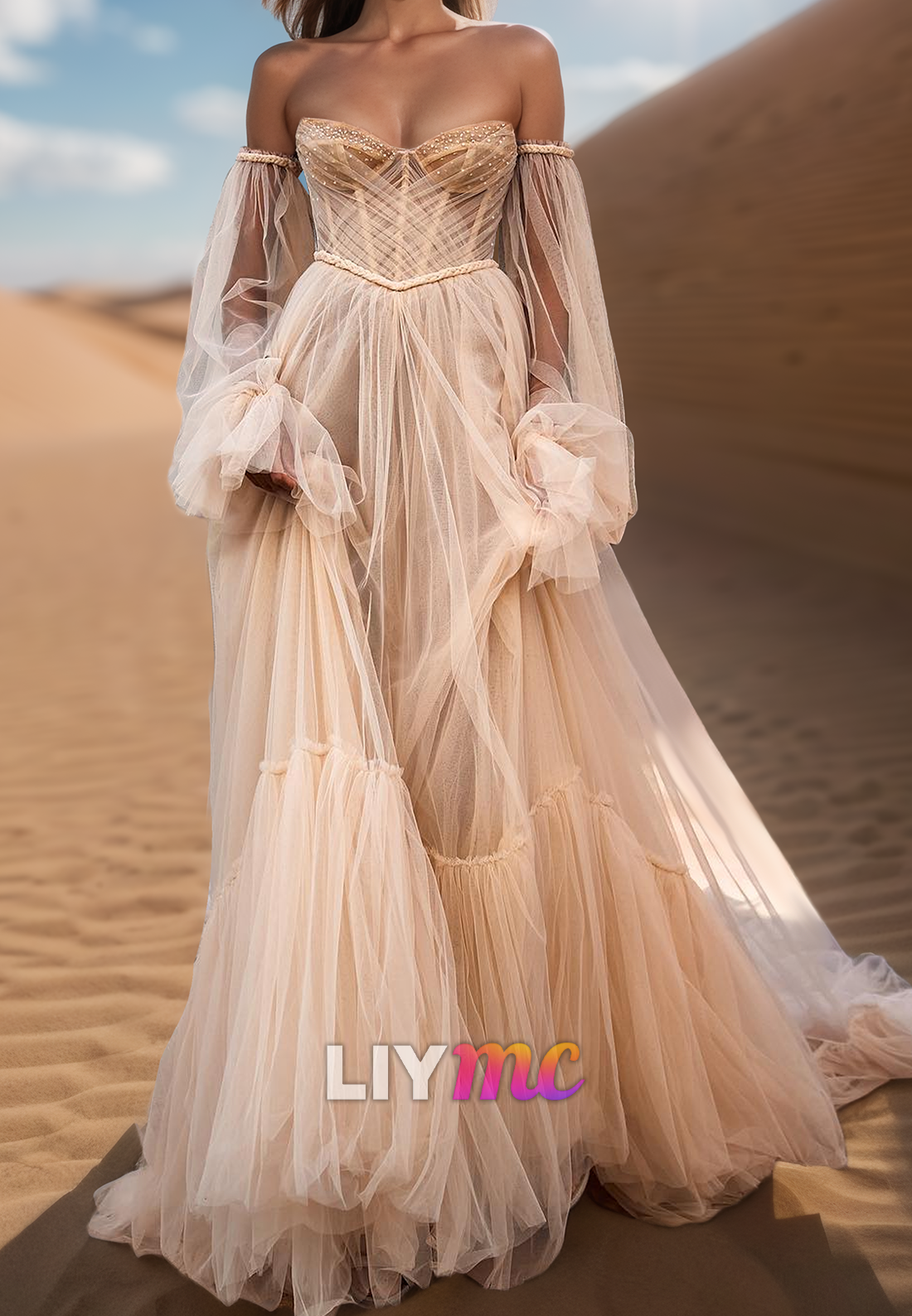 Sweetheart Long Sleeves Tulle A-Line Wedding Ball Gown Dress