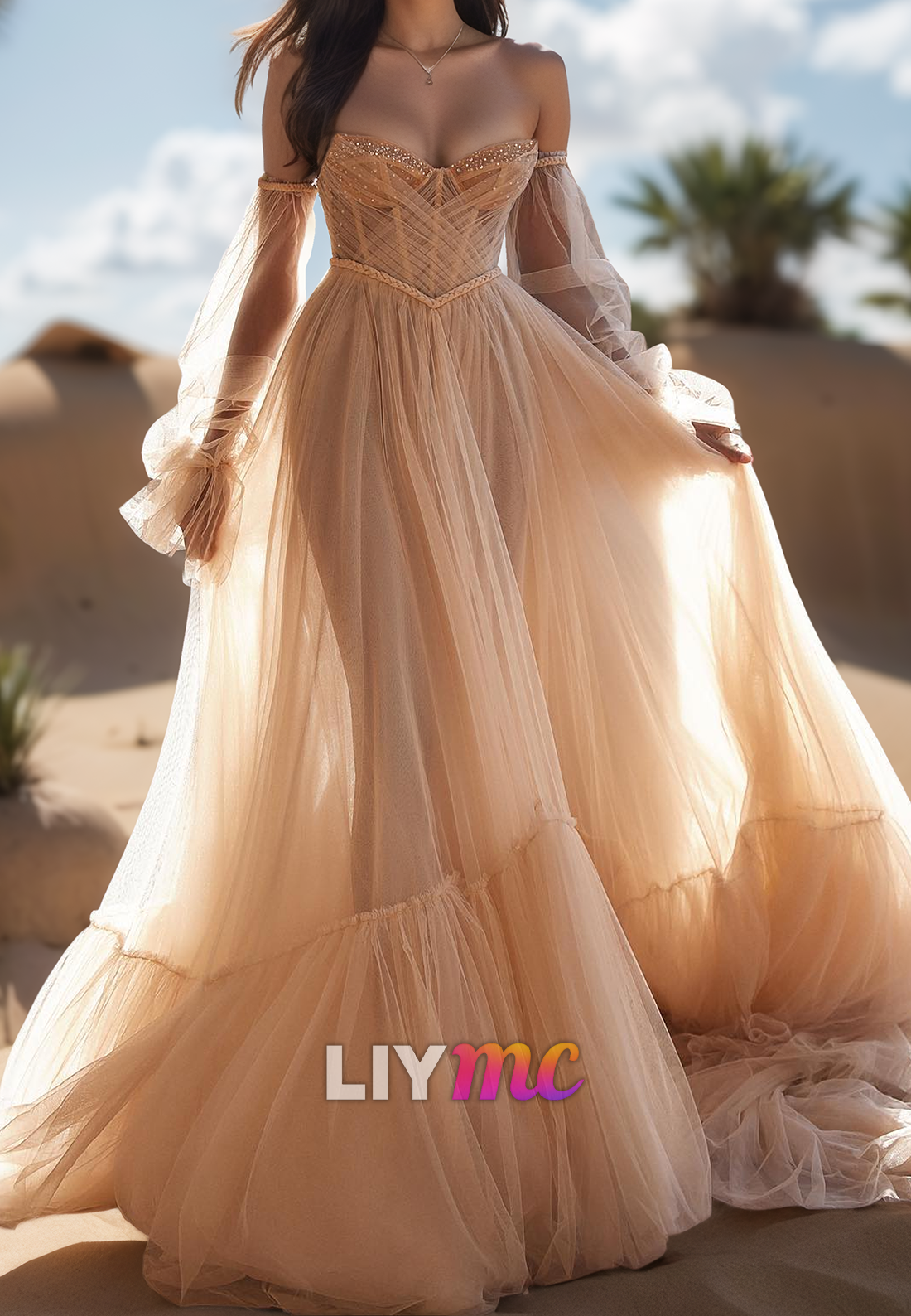 Sweetheart Long Sleeves Tulle A-Line Wedding Ball Gown Dress