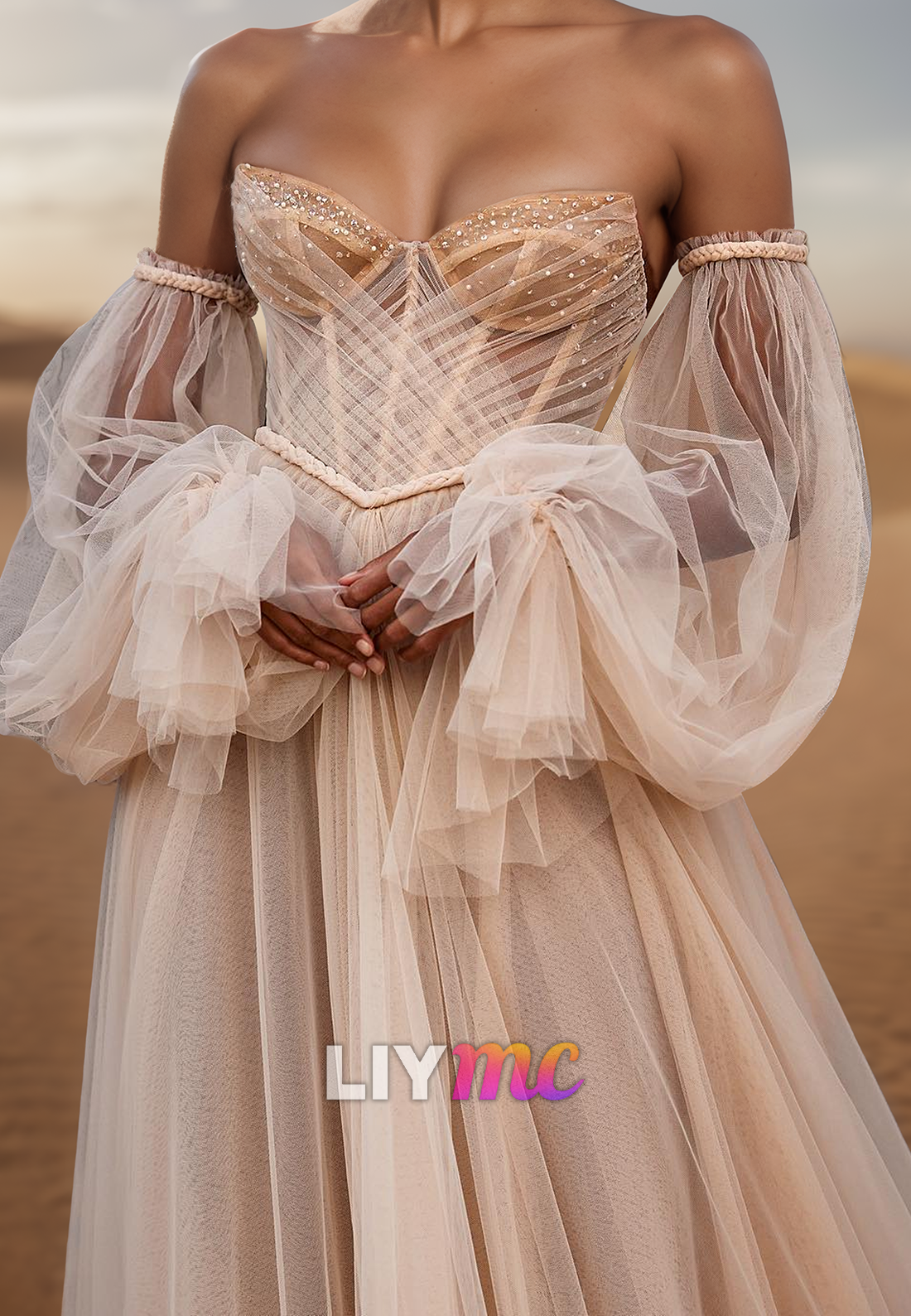 Sweetheart Long Sleeves Tulle A-Line Wedding Ball Gown Dress