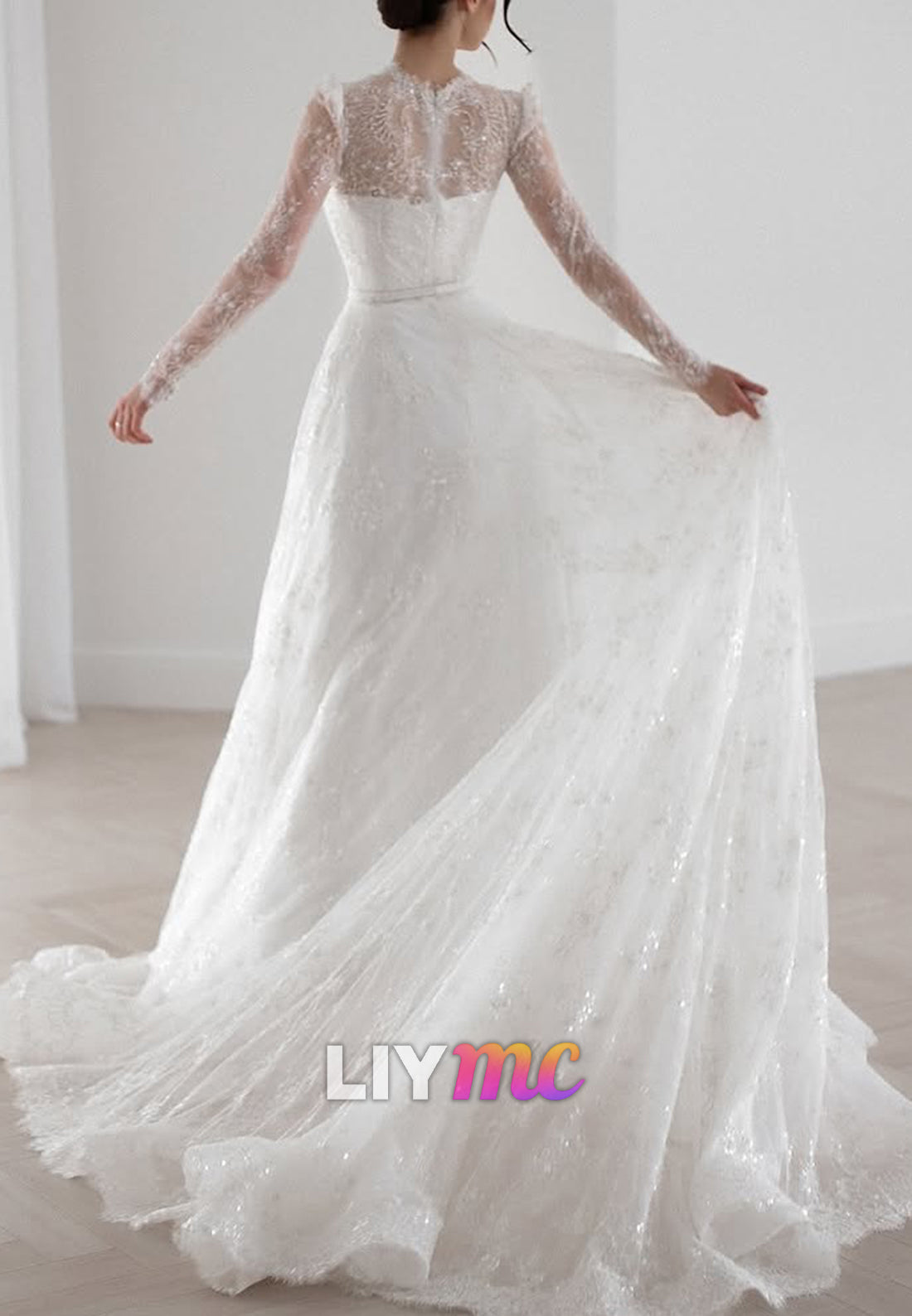 Half High Neck Long Sleeves Button Lace Appliques A-Line Wedding Dress