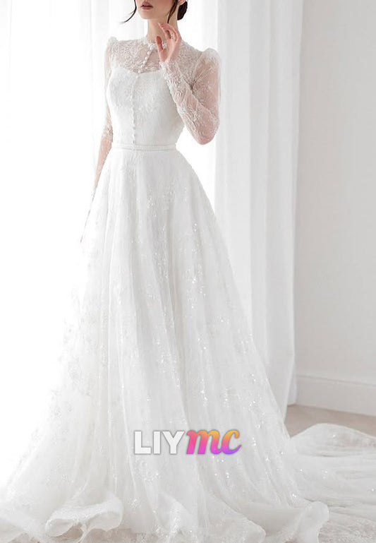 Half High Neck Long Sleeves Button Lace Appliques A-Line Wedding Dress