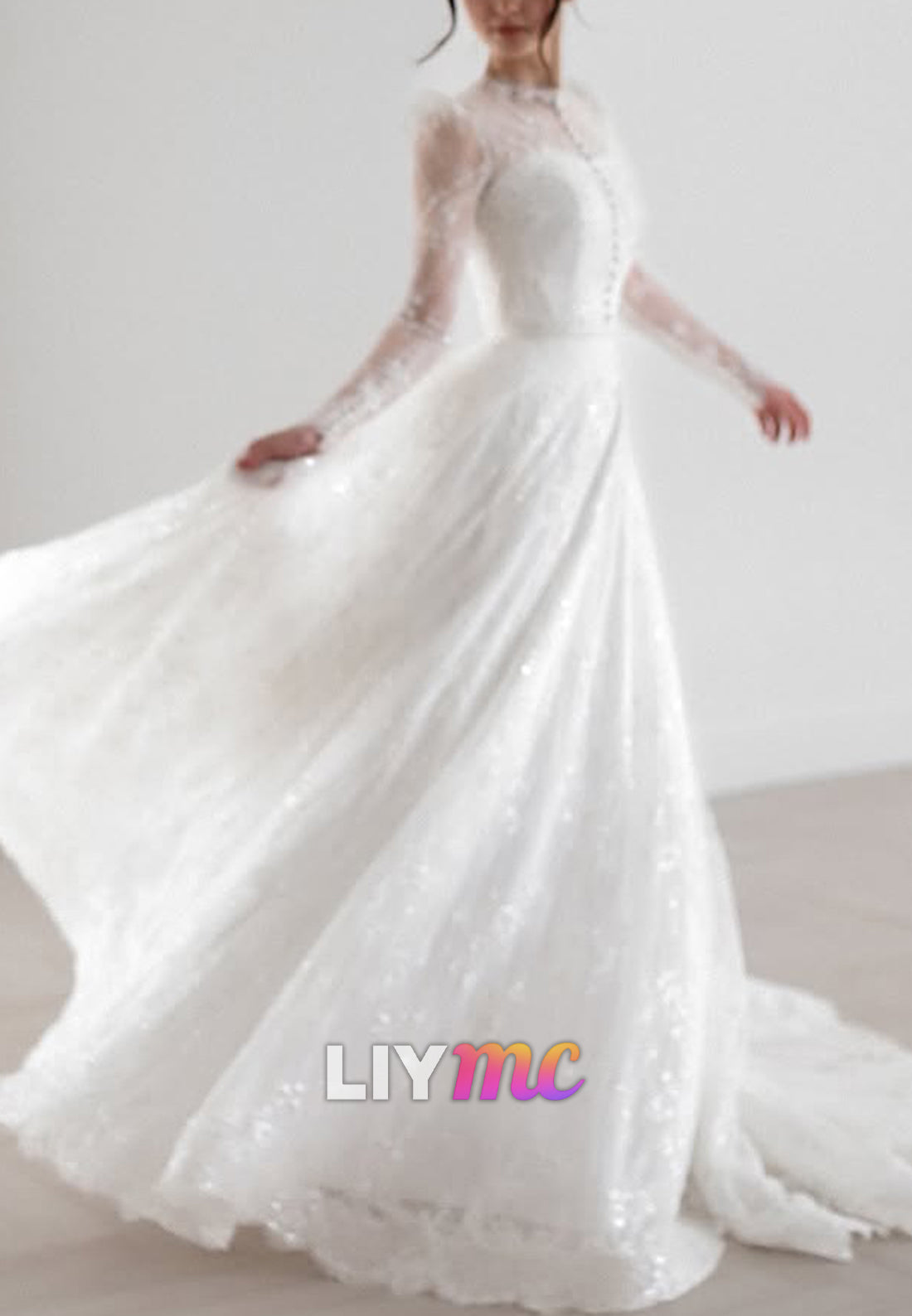 Half High Neck Long Sleeves Button Lace Appliques A-Line Wedding Dress
