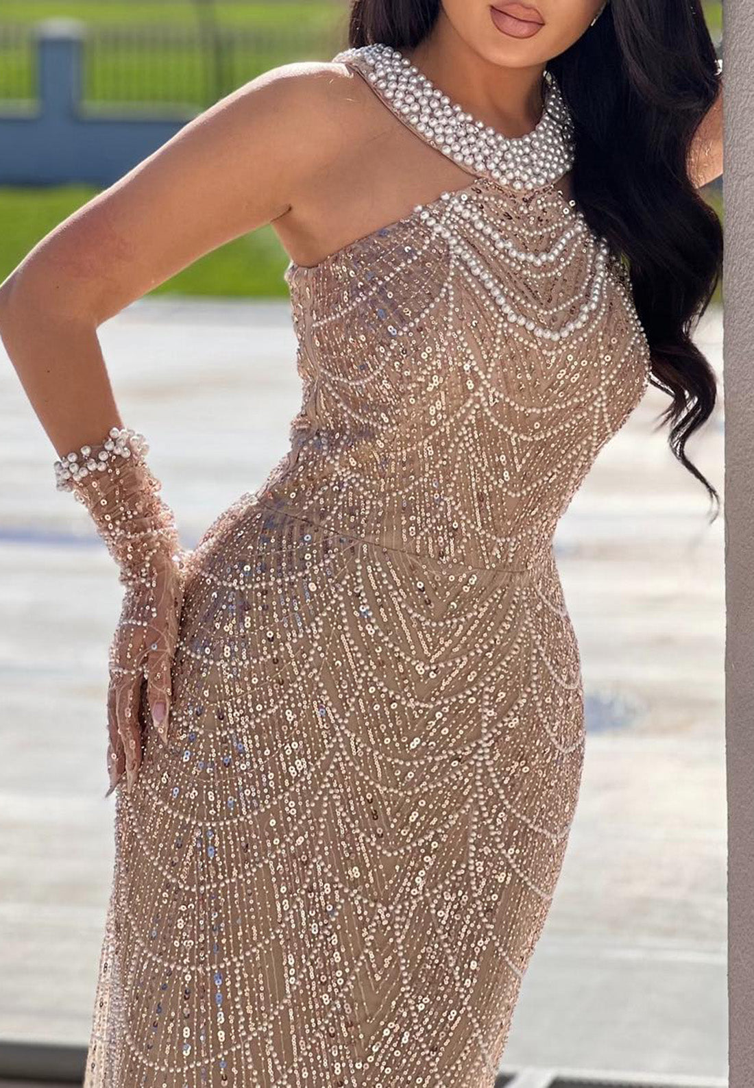 Halter Beaded Embroidery Sparkly Mermaid Prom Dress