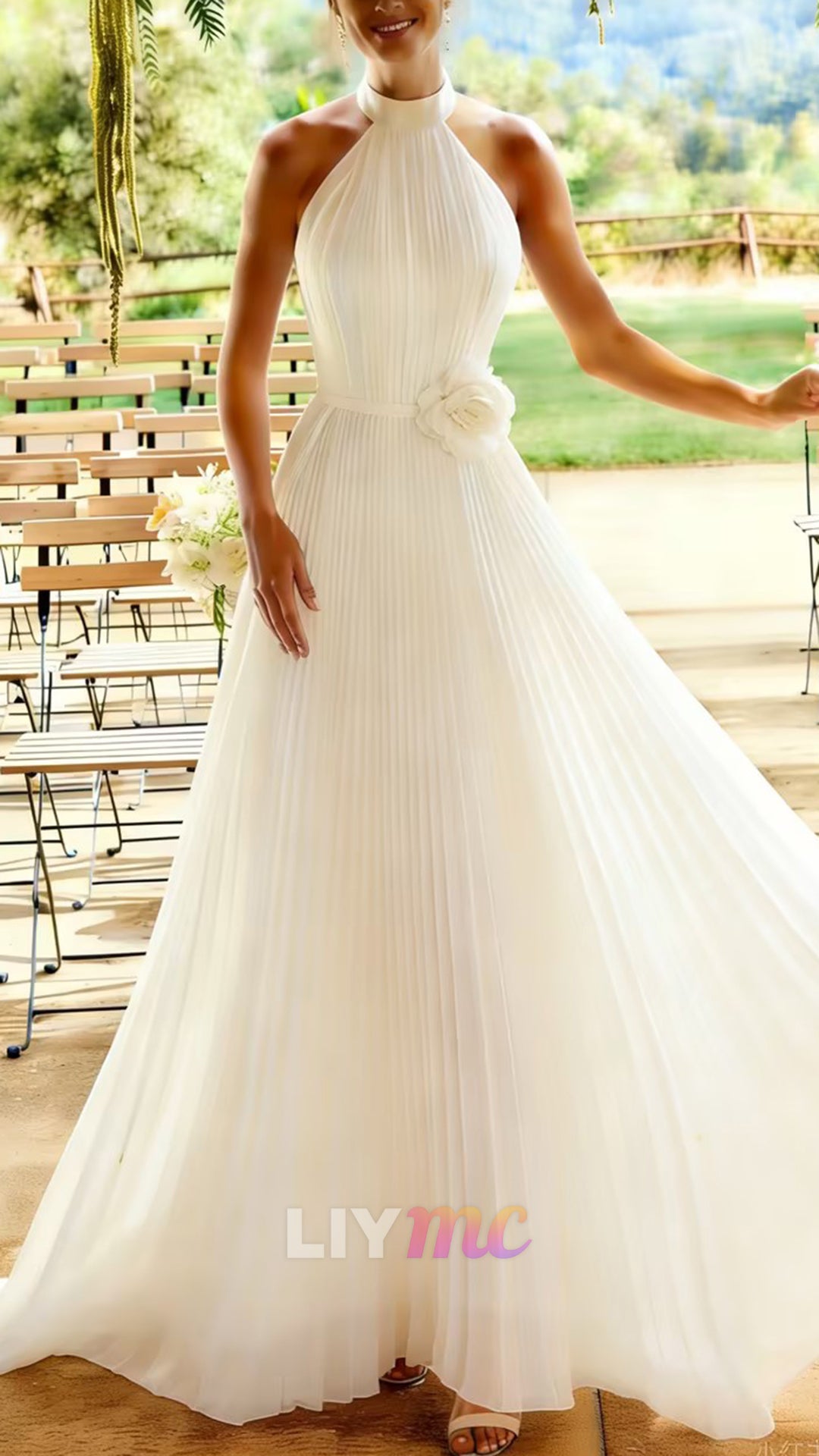 Halter Chiffon Pleated A-Line Wedding Dress
