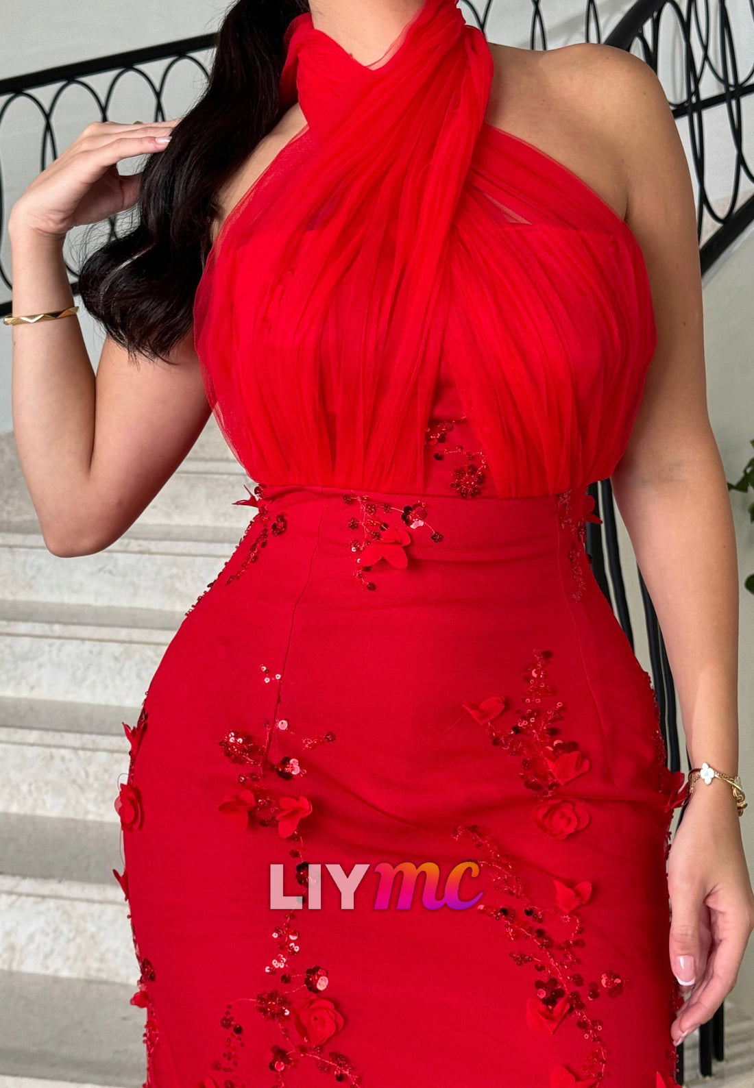 Halter Floral Embellished Sleeveless Mermaid Evening Dress