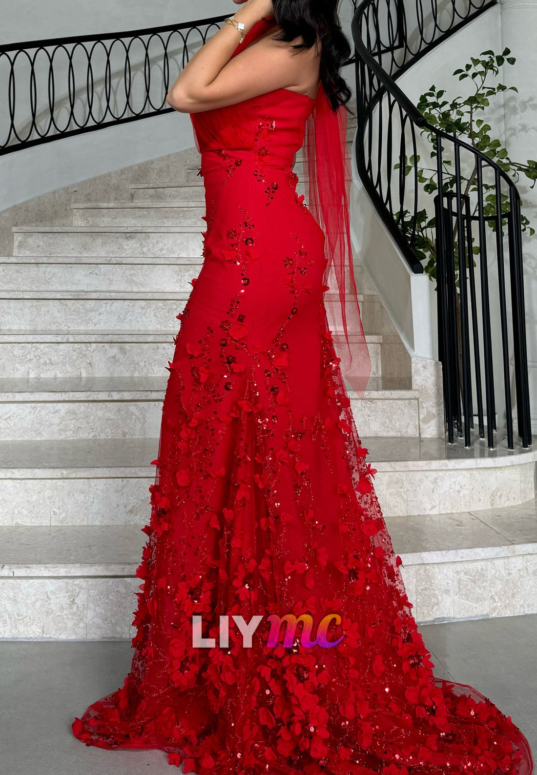 Halter Floral Embellished Sleeveless Mermaid Evening Dress