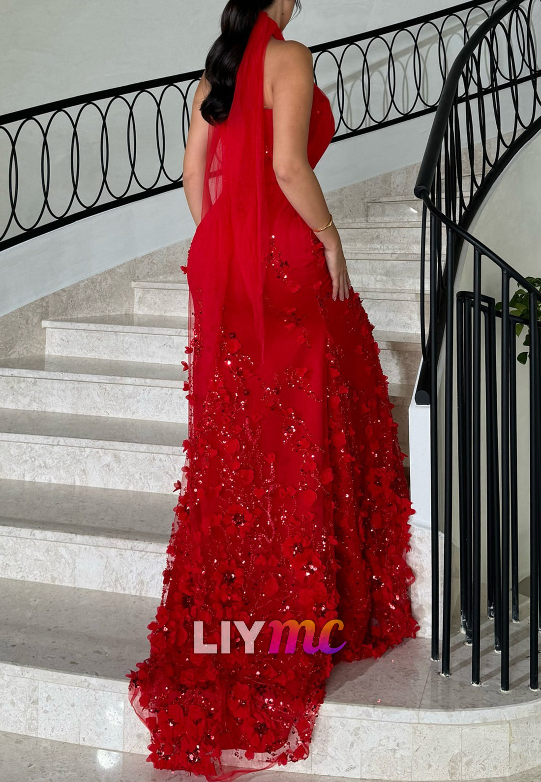 Halter Floral Embellished Sleeveless Mermaid Evening Dress