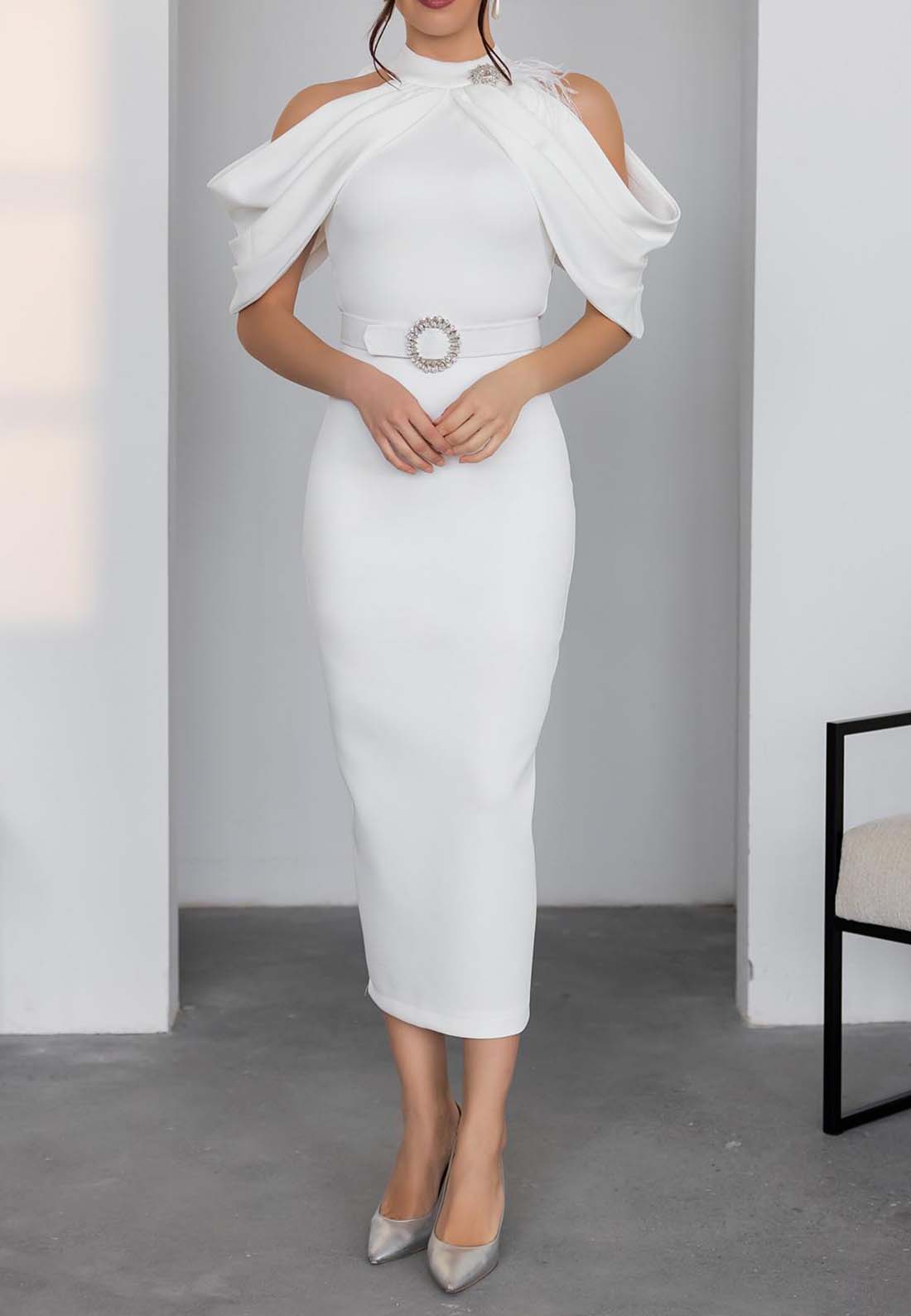 Halter Off-Shoulder Belt Cocktail Dress Midi Wedding Guest Dress