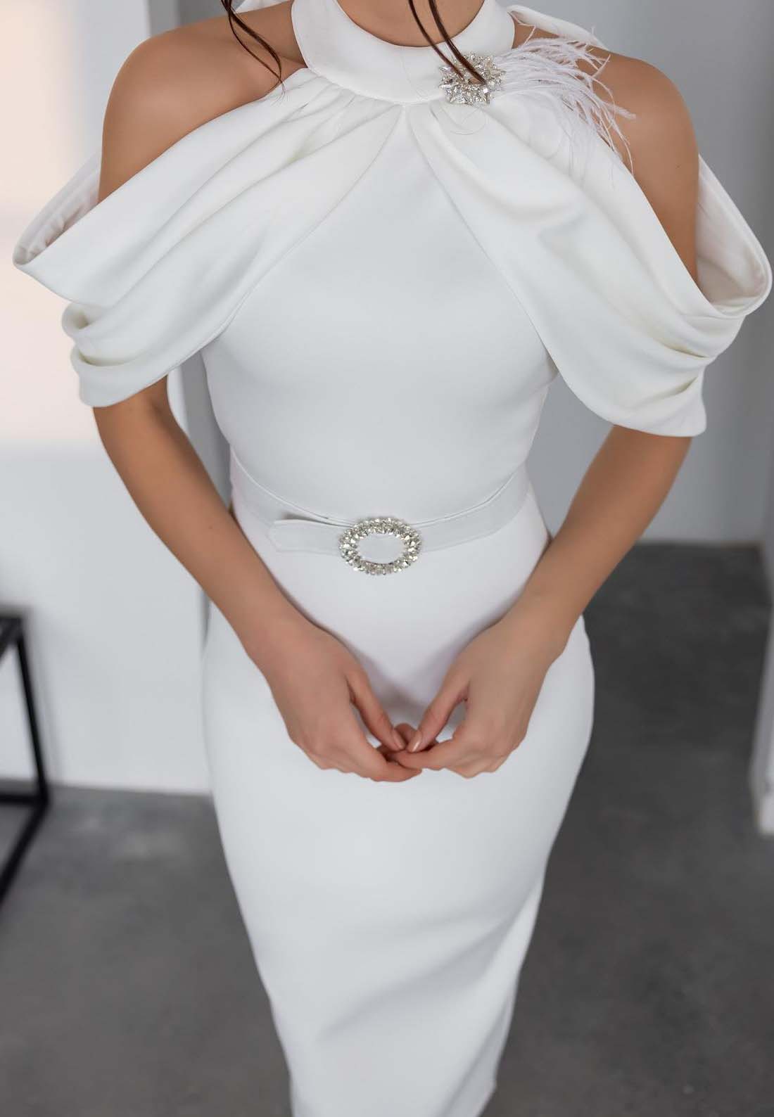 Halter Off-Shoulder Belt Cocktail Dress Midi Wedding Guest Dress