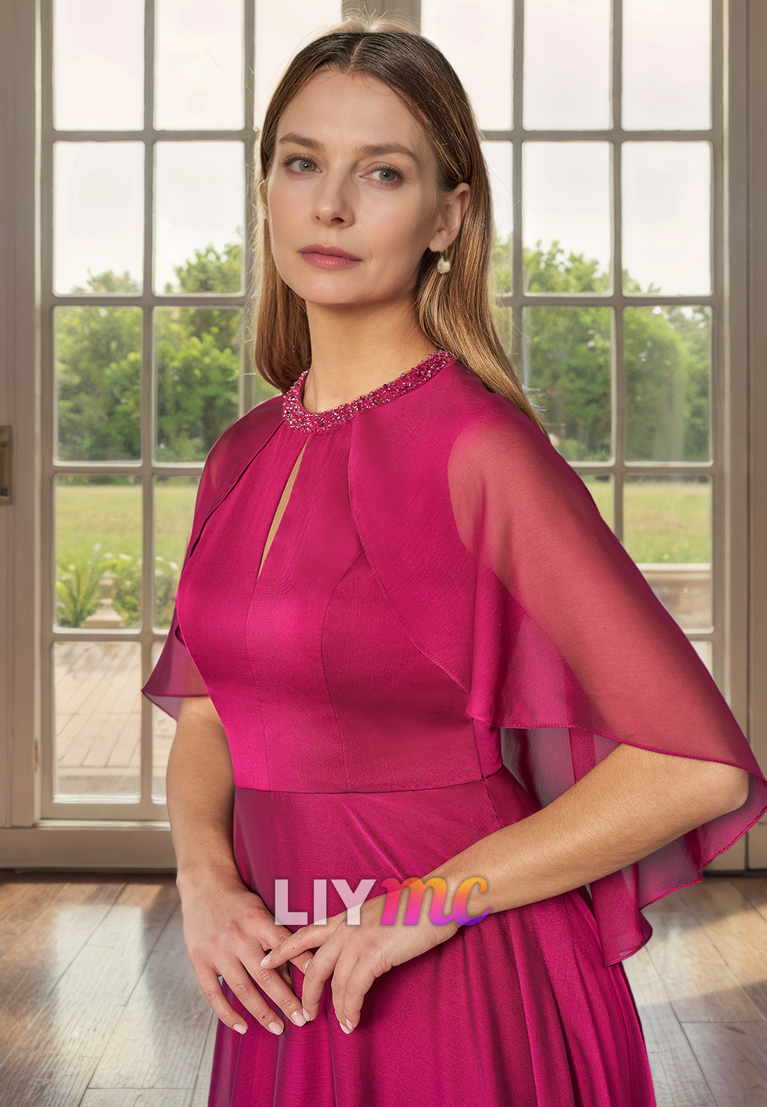 Halter Short Sleeves Chiffon Pleated A-Line Mother of Bride Dress Cocktail Dress