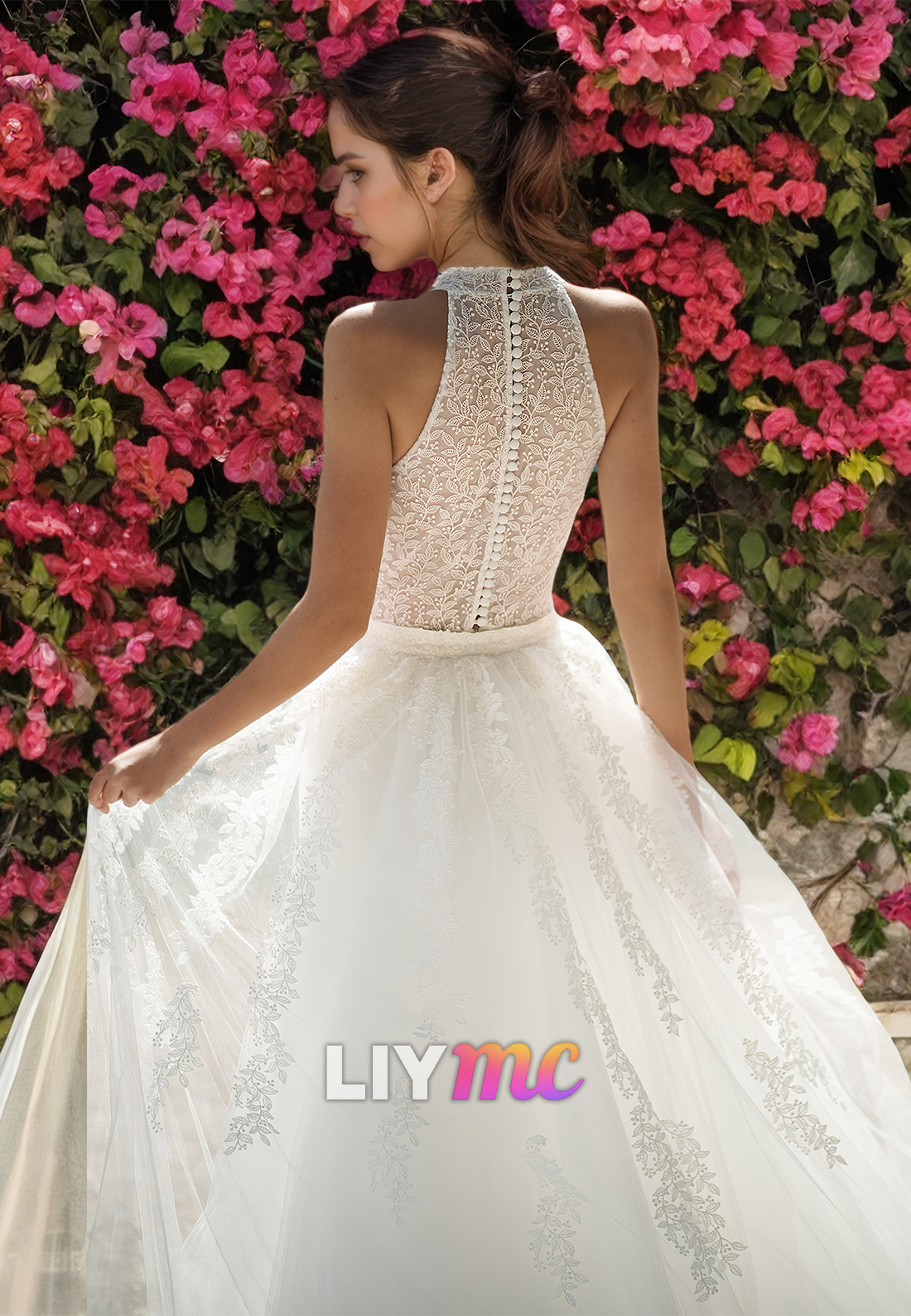Halter Sleeveless Appliques Sleek Mermaid Removable Train Wedding Dress