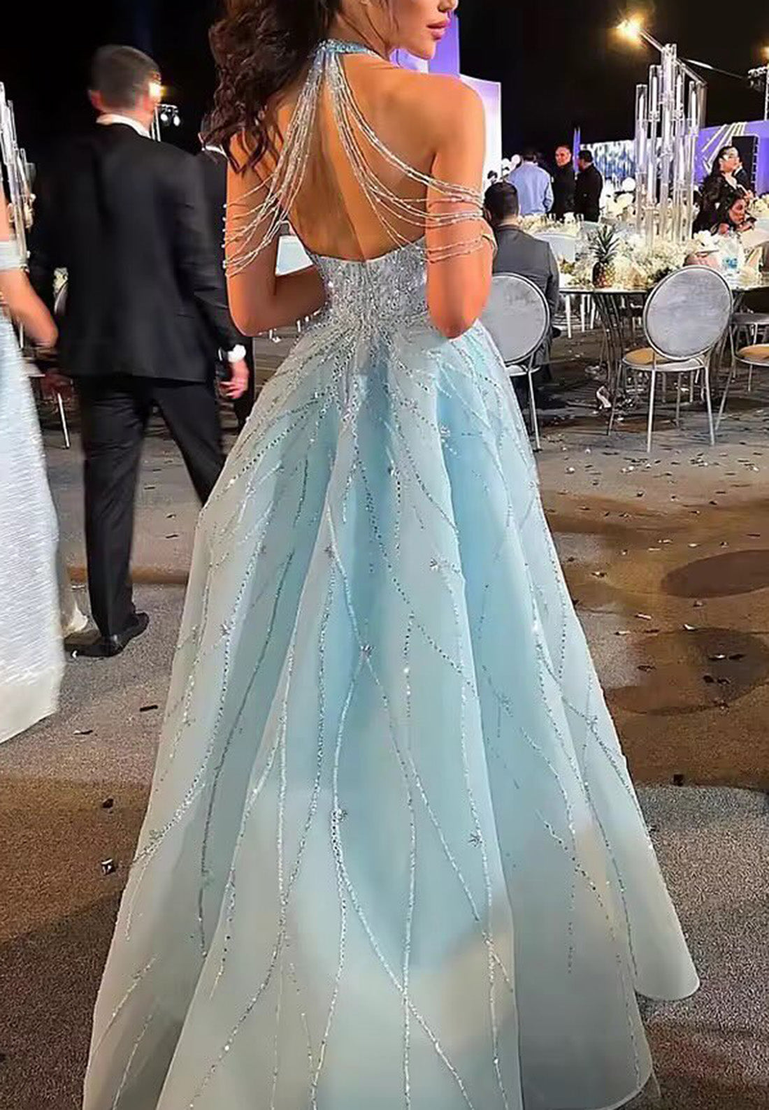 Halter Sleeveless Beaded Embroidery Sheath Sparkly Evening Dress