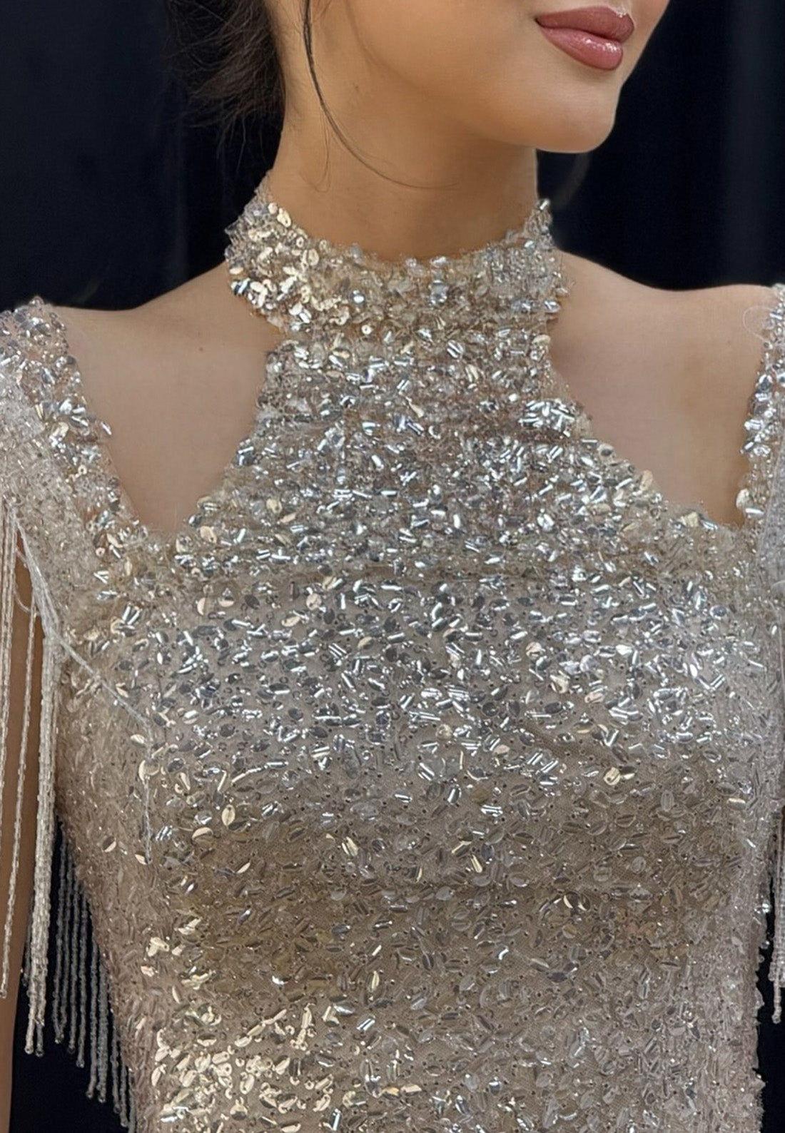 Halter Sleeveless Beaded Fringe Sheath Sparkly Prom Dress
