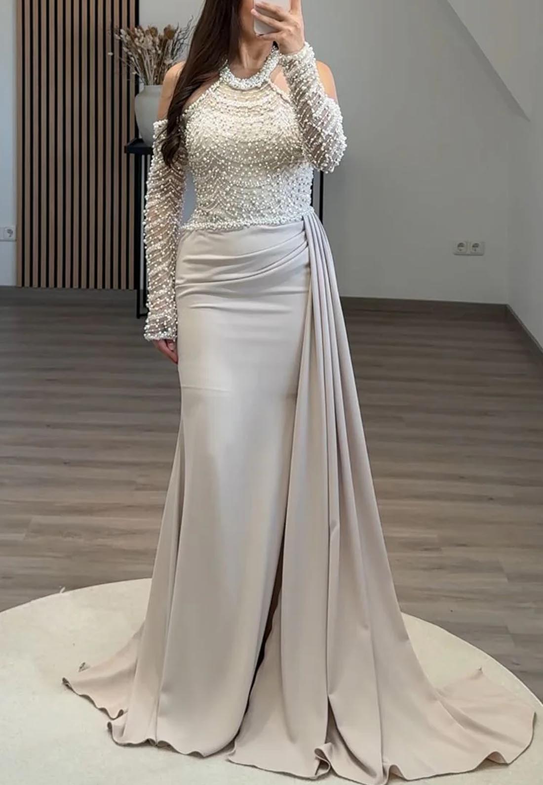 Halter Sleeveless Beaded Pleated Mermaid Formal Dress