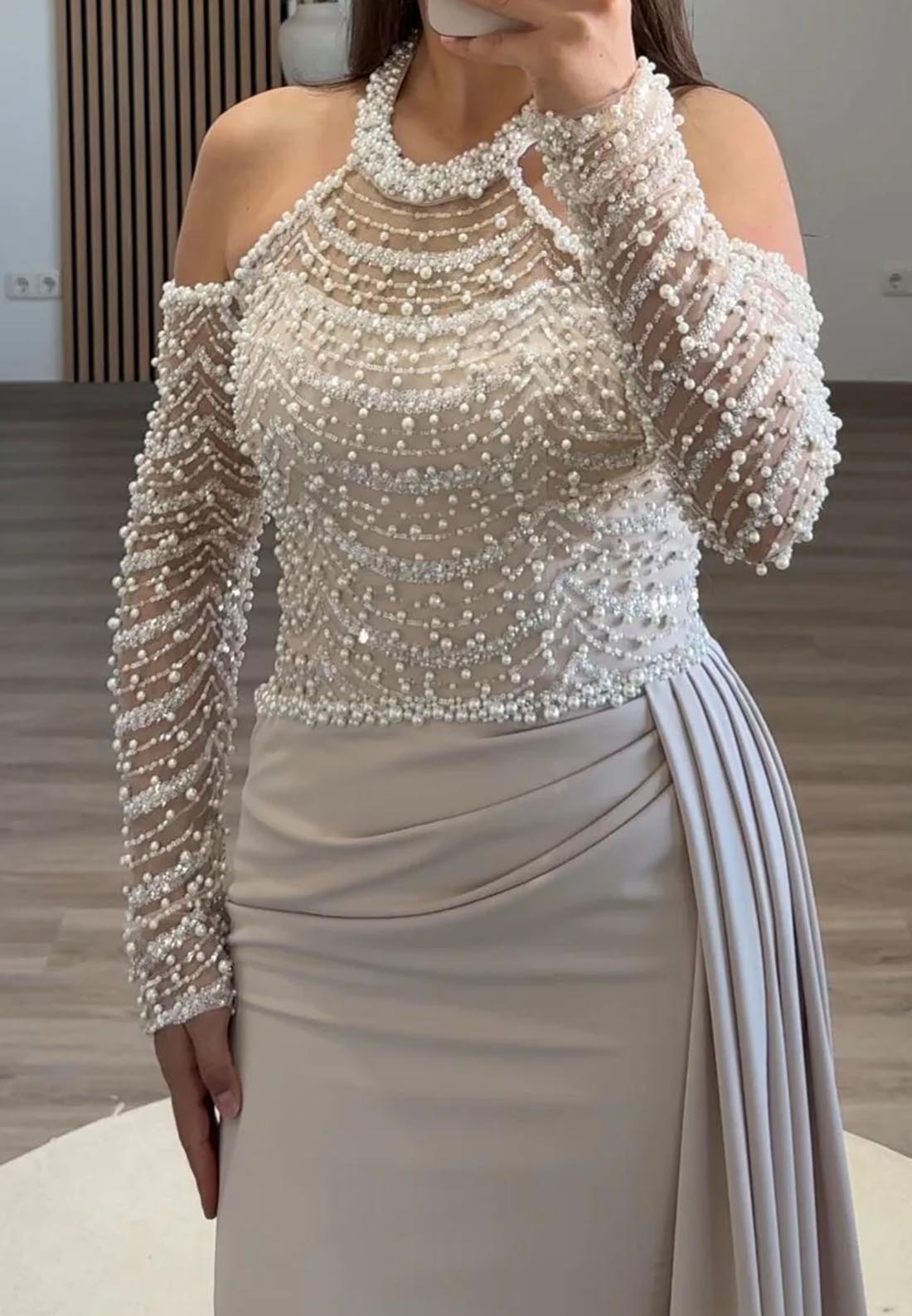 Halter Sleeveless Beaded Pleated Mermaid Formal Dress