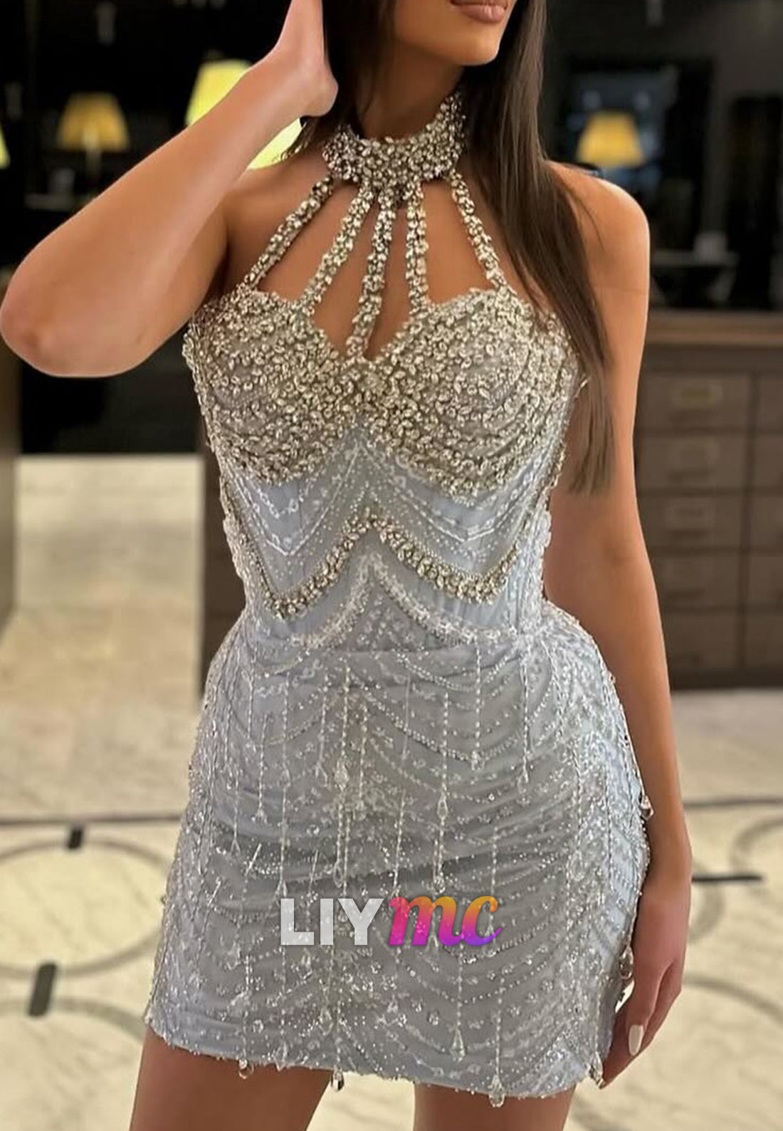Halter Sleeveless Beaded Sparkly Sheath Party Homecoming Dress