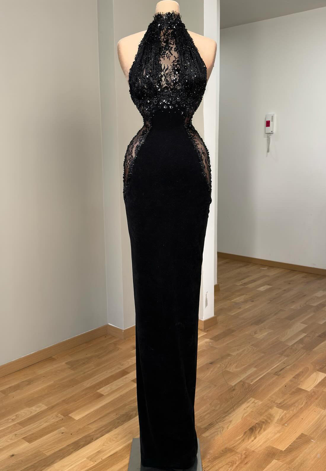 Halter Sleeveless Illusion Appliques Sequins Mermaid Evening Dress