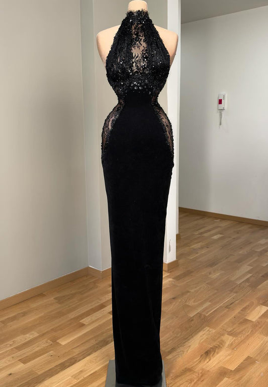 Halter Sleeveless Illusion Appliques Sequins Mermaid Evening Dress