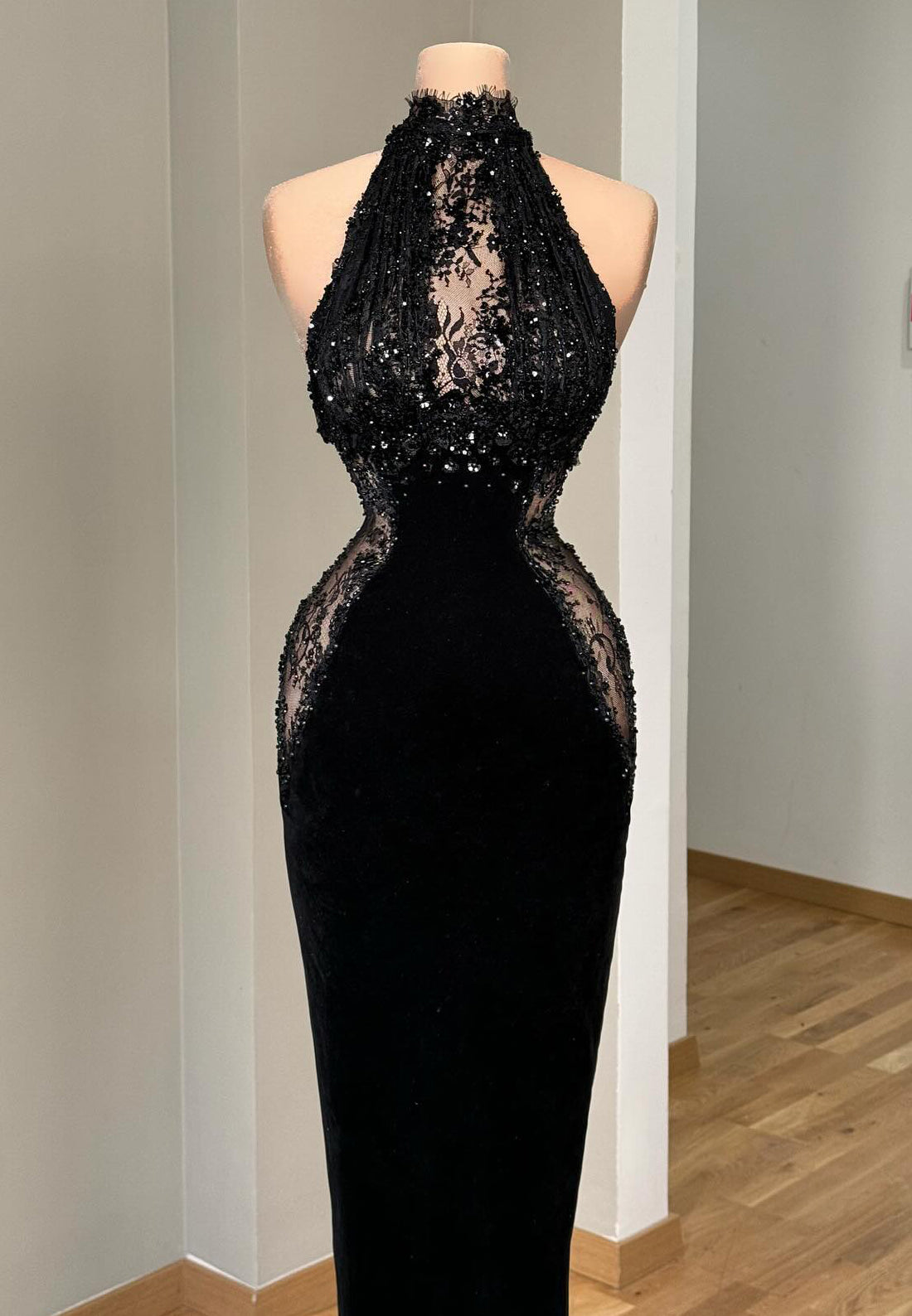 Halter Sleeveless Illusion Appliques Sequins Mermaid Evening Dress