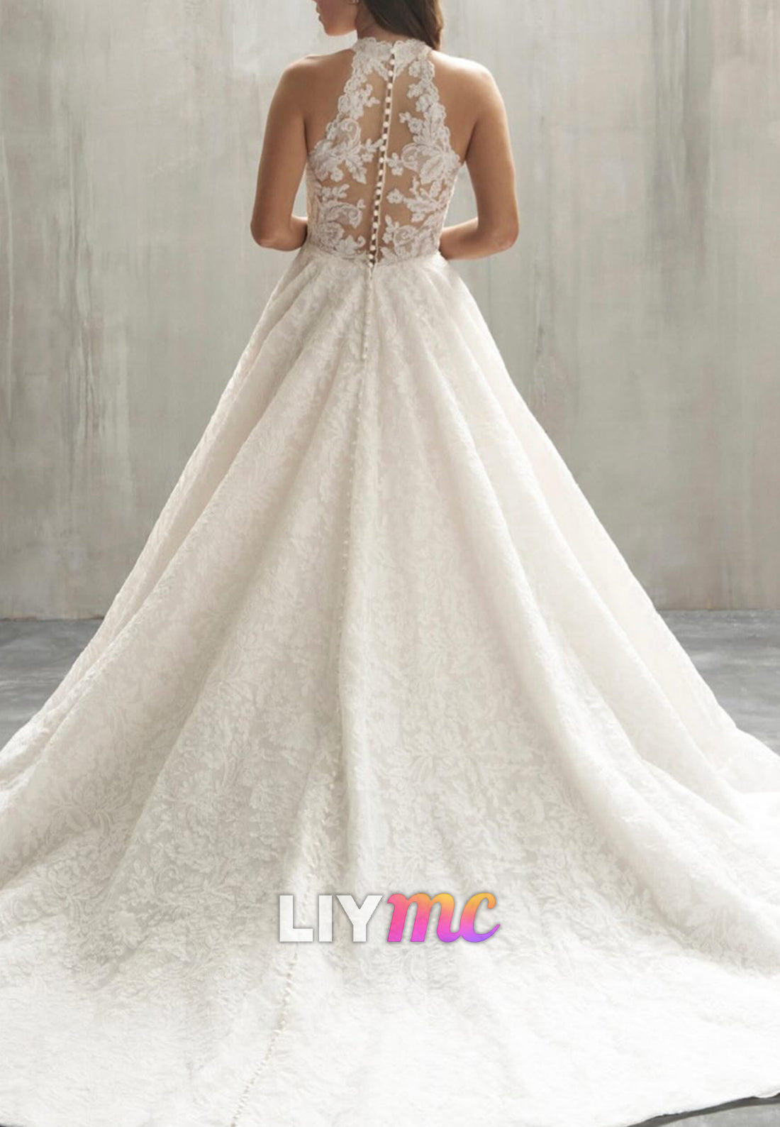 Halter Sleeveless Lace Appliques A-Line Wedding Dress