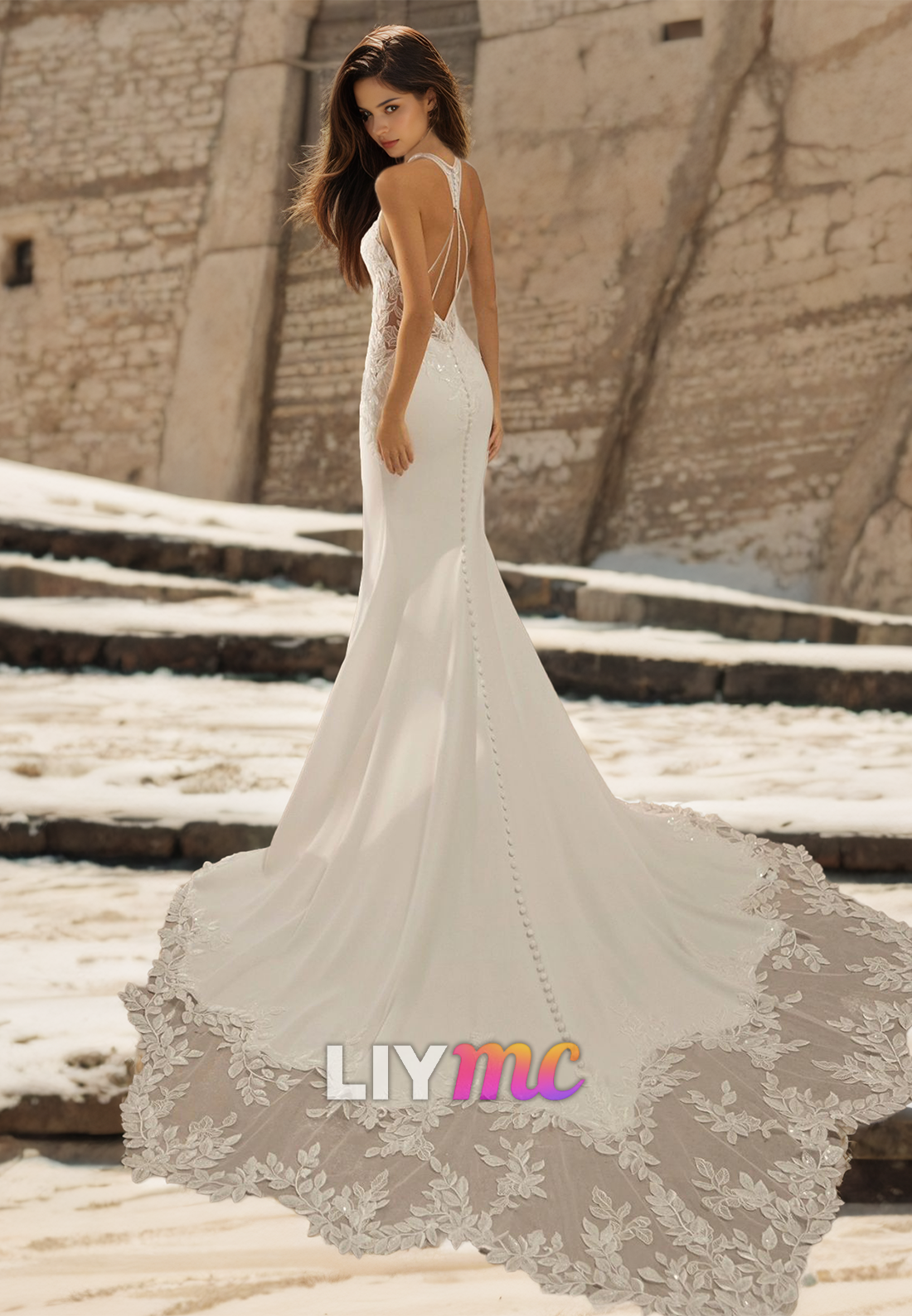 Halter Sleeveless Lace Appliques Sleek Mermaid Boho Wedding Dress