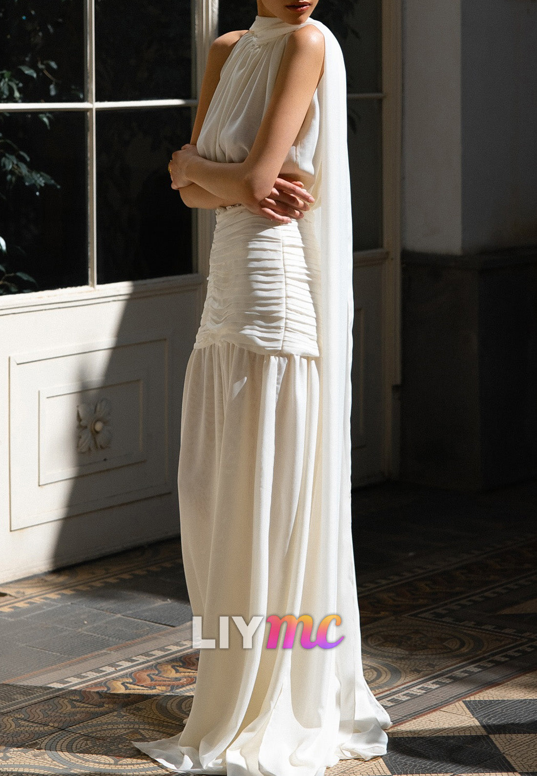 Halter Sleeveless Pleated Chiffon A-Line Party Dress