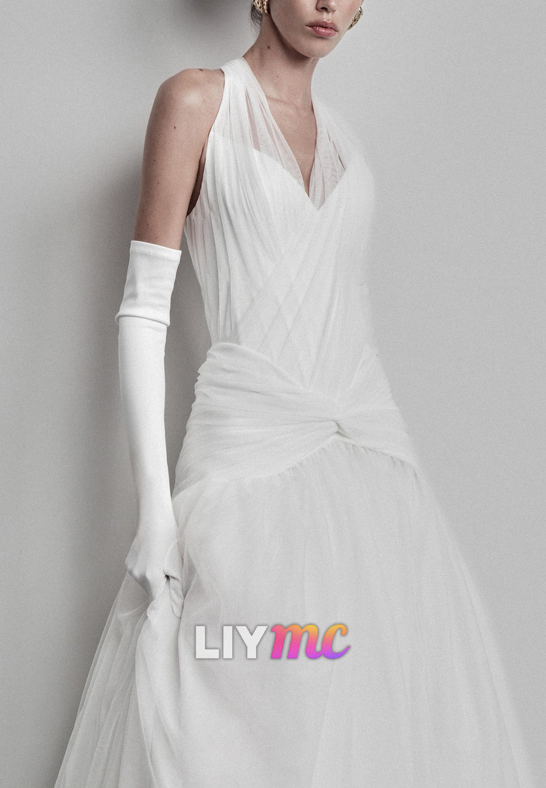 Halter Sleeveless Pleated Tulle A-Line Wedding Dress