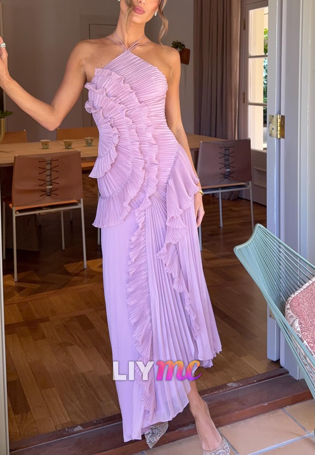 Halter Sleeveless Ruffled A-Line Wedding Guest Dress