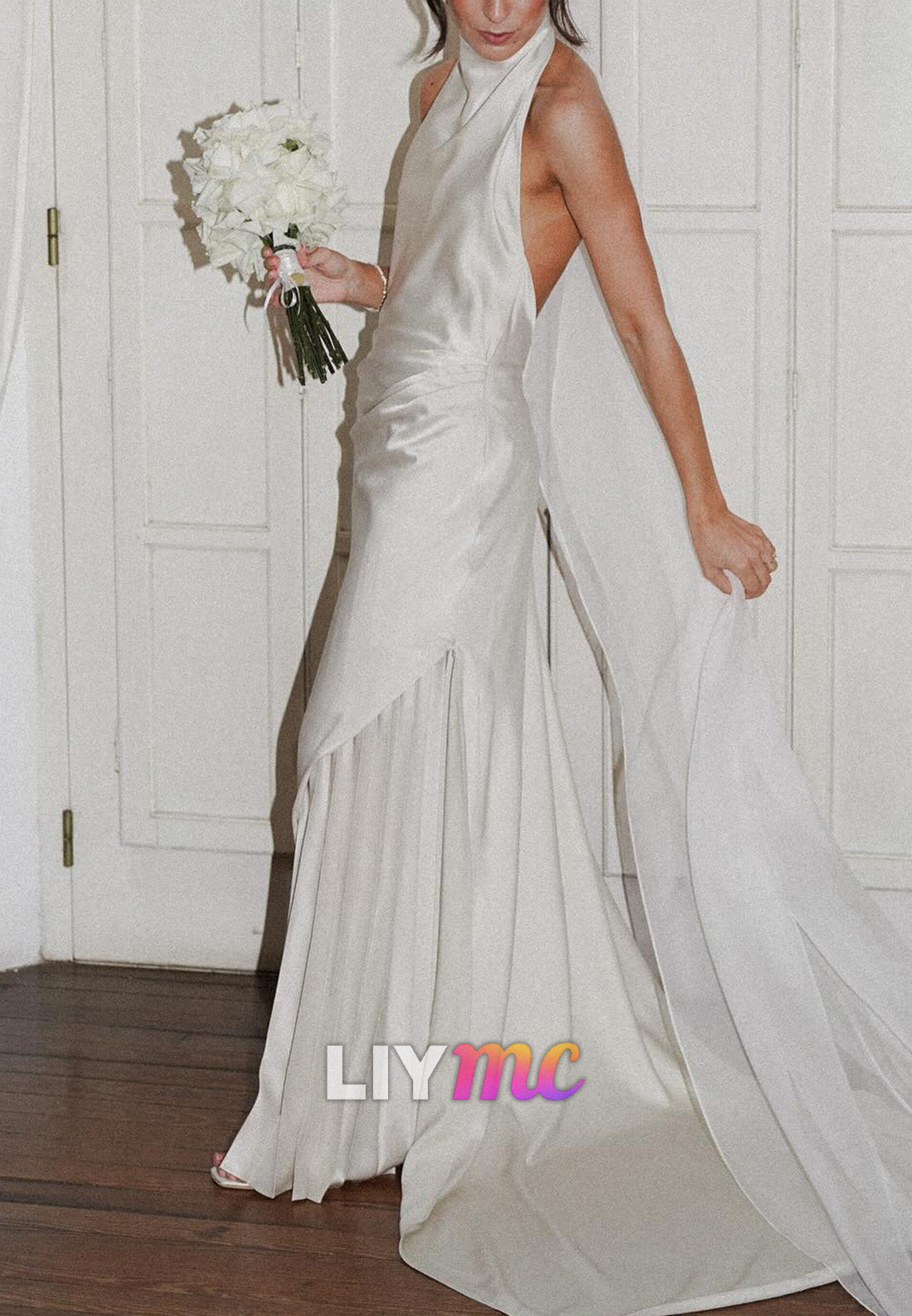 Halter Sleeveless Sleek Pleated Sheath Wedding Dress