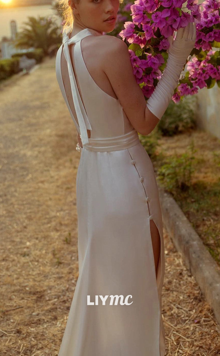 LW846 - Halter Sleeveless Sleek Satin High Slit Beach Wedding Dress