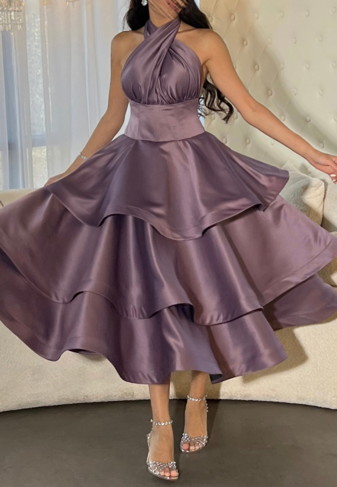 Halter Sleeveless Tiered A-Line Ccoktail Dress Tea-Length Evening Dress