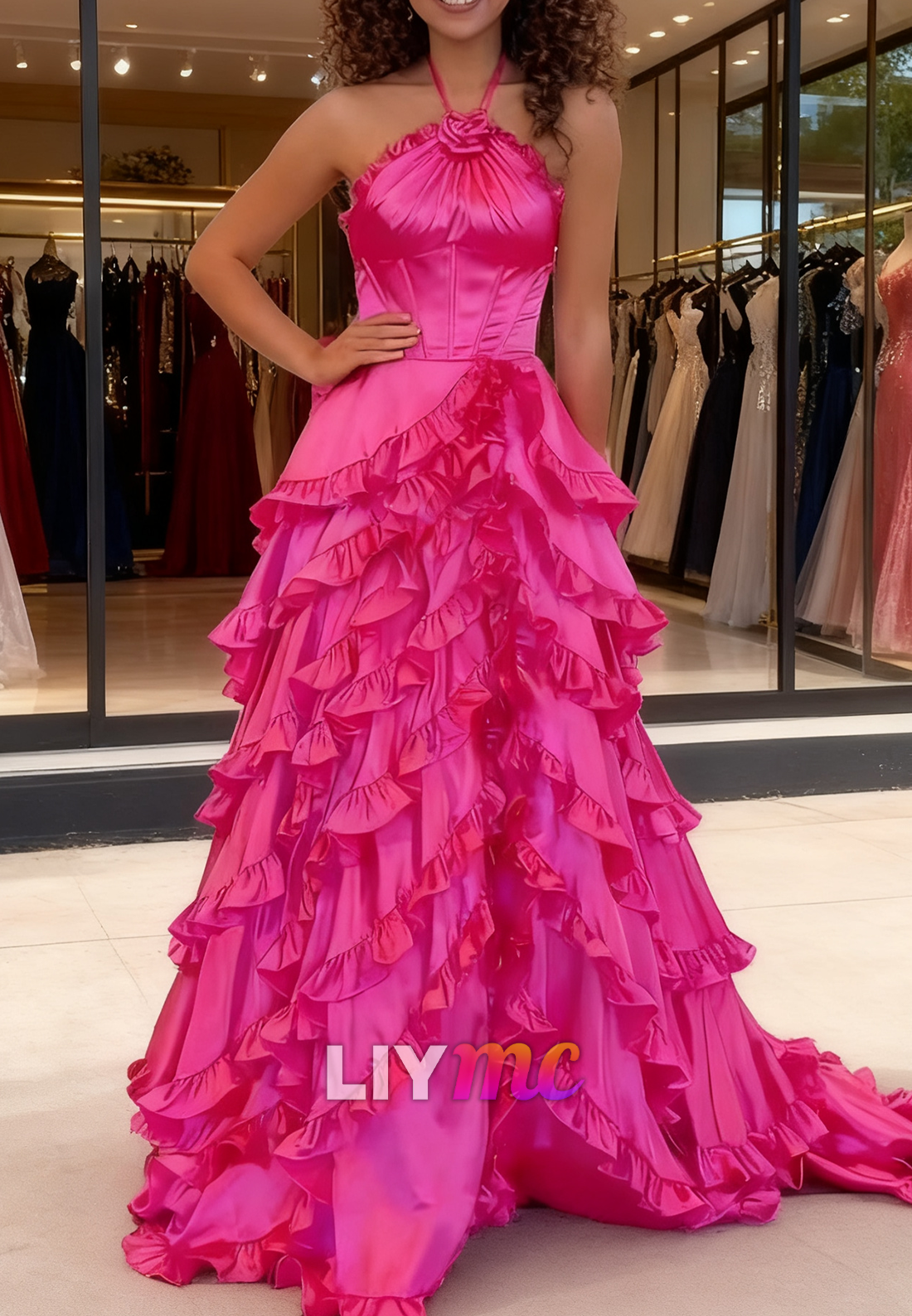 Halter Sleeveless Tiered A-Line Prom Dress