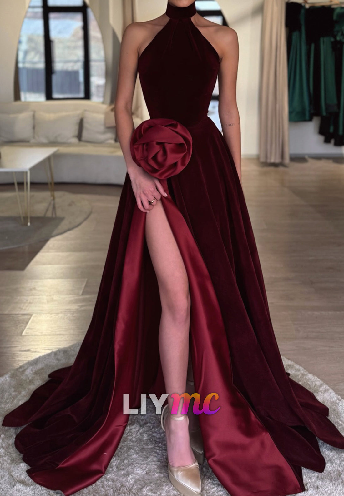 Halter Sleeveless Velvet Side Slit Evening A-Line Formal Dress