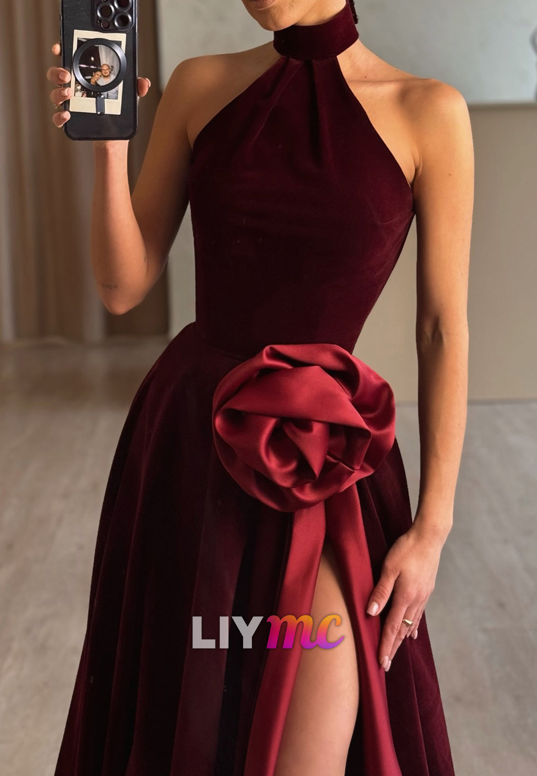 Halter Sleeveless Velvet Side Slit Evening A-Line Formal Dress