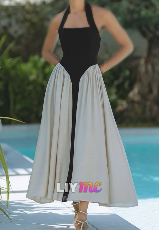 Halter Sleeveless White Black Pleated A-Line Party Dress