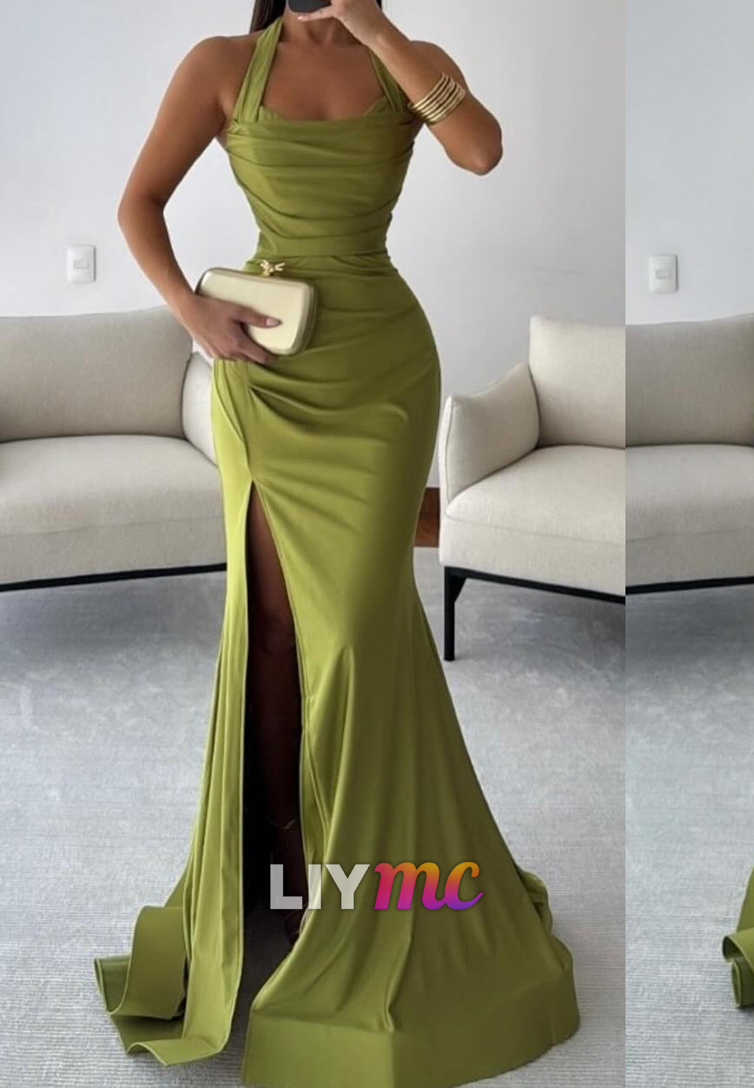 Halter Square Sleeveless Side Slit Mermaid Fitted Prom Dress