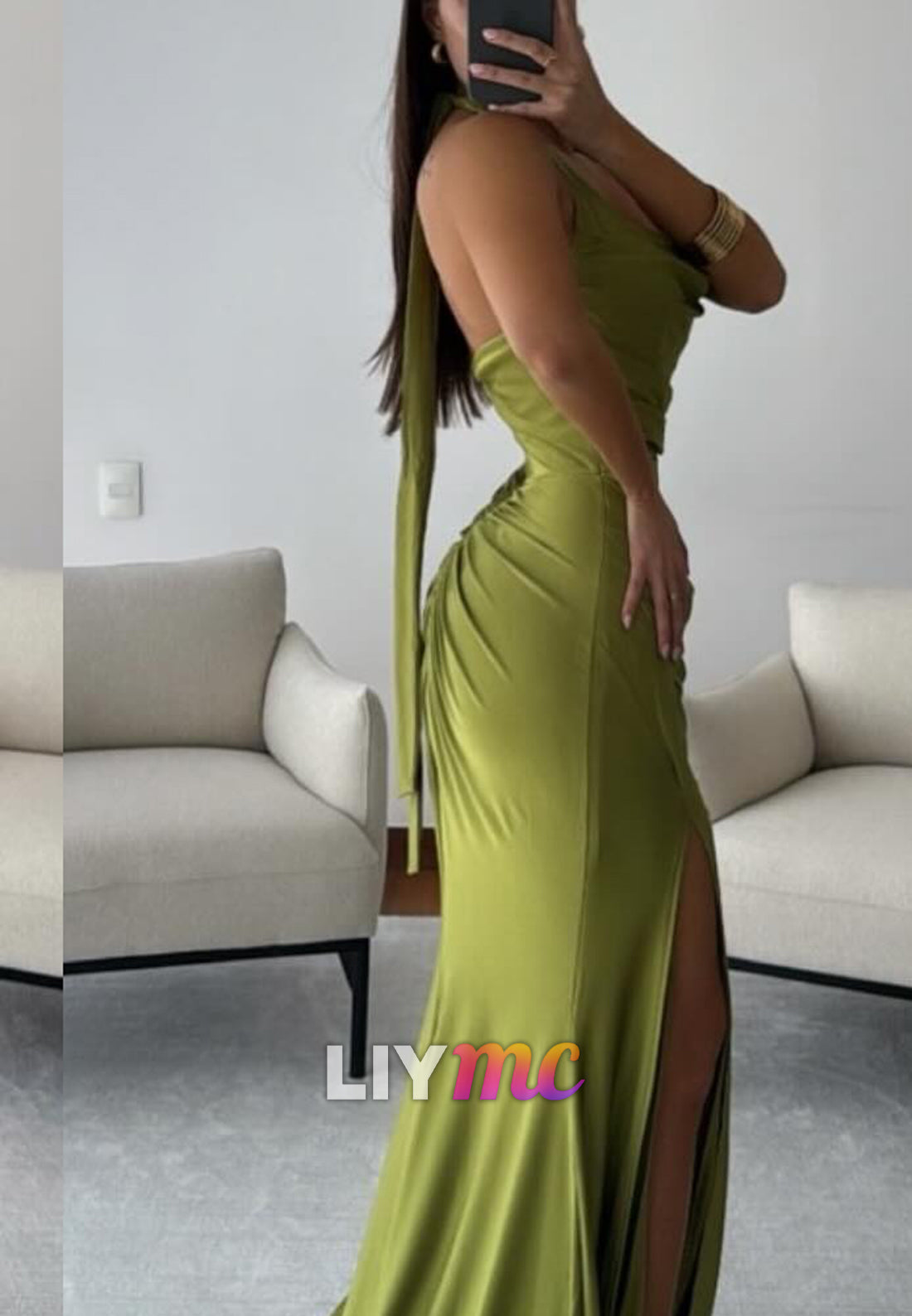 Halter Square Sleeveless Side Slit Mermaid Fitted Prom Dress
