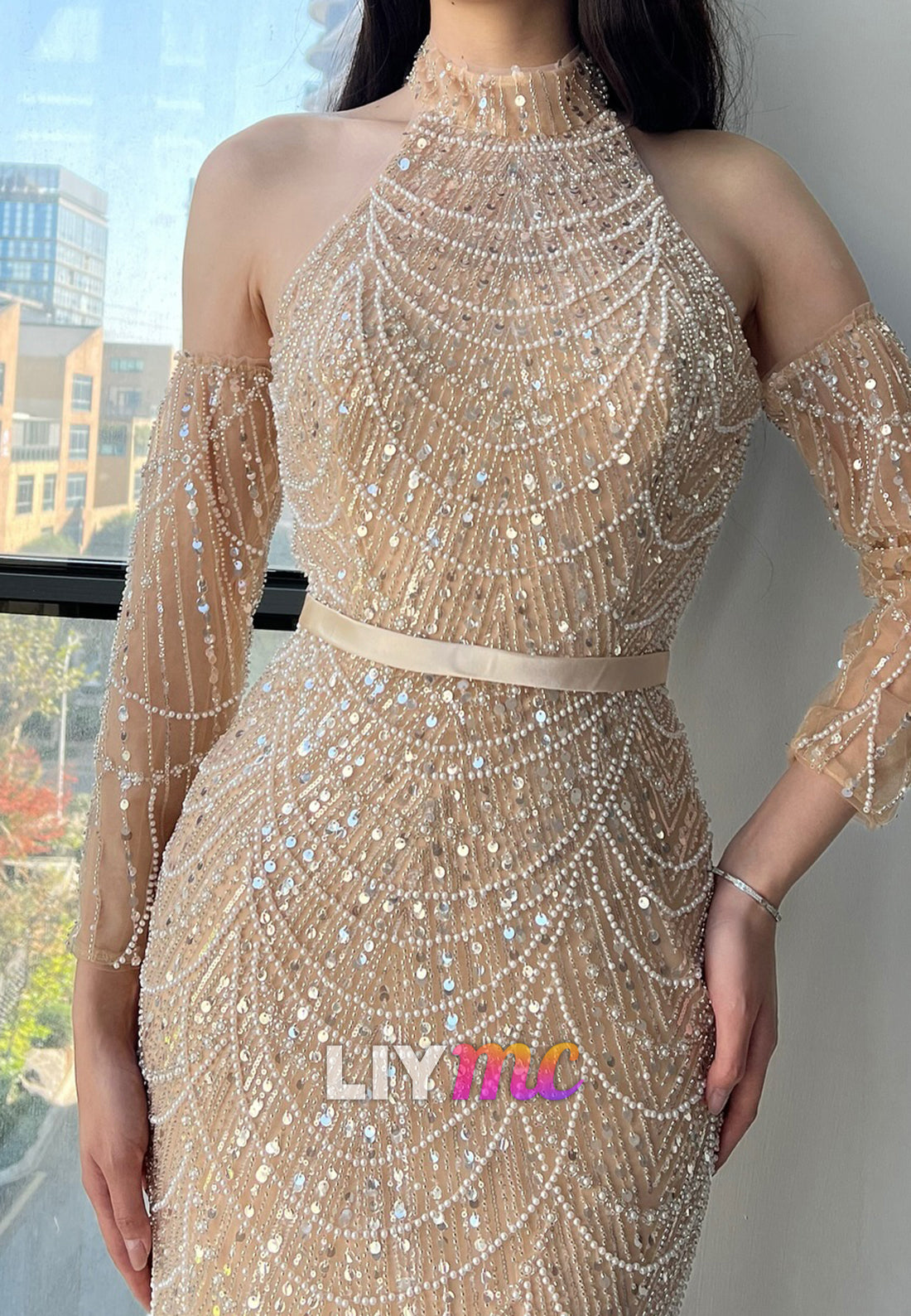 Halter Strapless Beaded Emboridery Evening Dress Sparkly Sheath Prom Dress